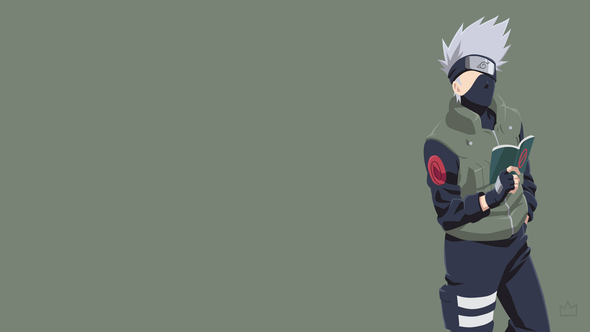 Naruto Kakashi 桌布 壁紙 — 動漫忍者，白色尖刺頭髮，戴黑色面具，手持一本書，站在純橄欖綠色背景前。