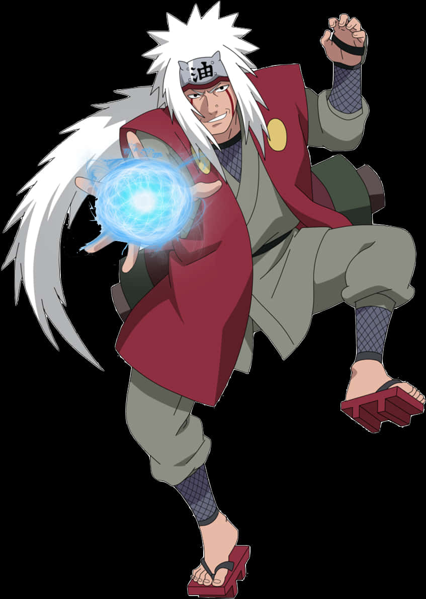 Anime Character 桌布 壁紙 — 動漫忍者，白色尖刺頭髮，紅色斗篷，以動態姿勢引導發光藍色查克拉球。