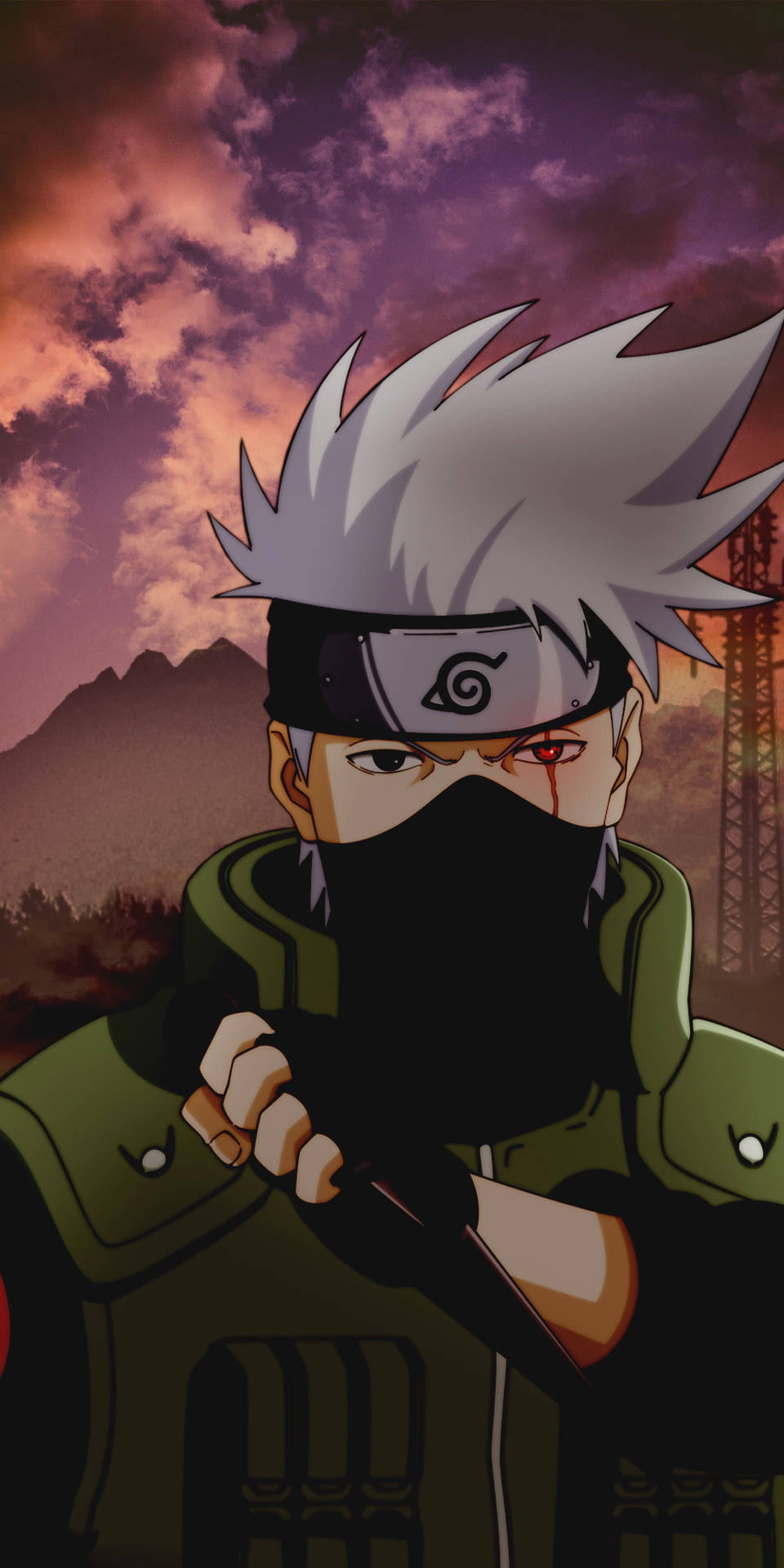 kakashi pfp 桌布 壁紙 — 動漫忍者，白色尖刺頭髮，紅色眼睛，在熾熱的紫色日落天空下凝視。