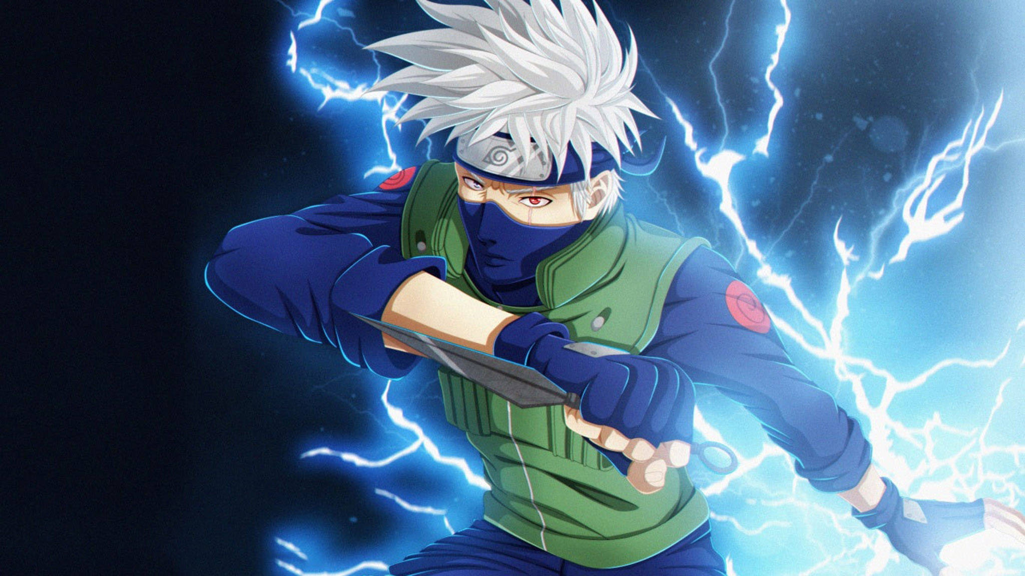 kakashi pfp 桌布 壁紙 — 動漫忍者，白色尖刺頭髮，藍色面具，手持苦無，周圍環繞著劈啪作響的藍色閃電，背景為深色。