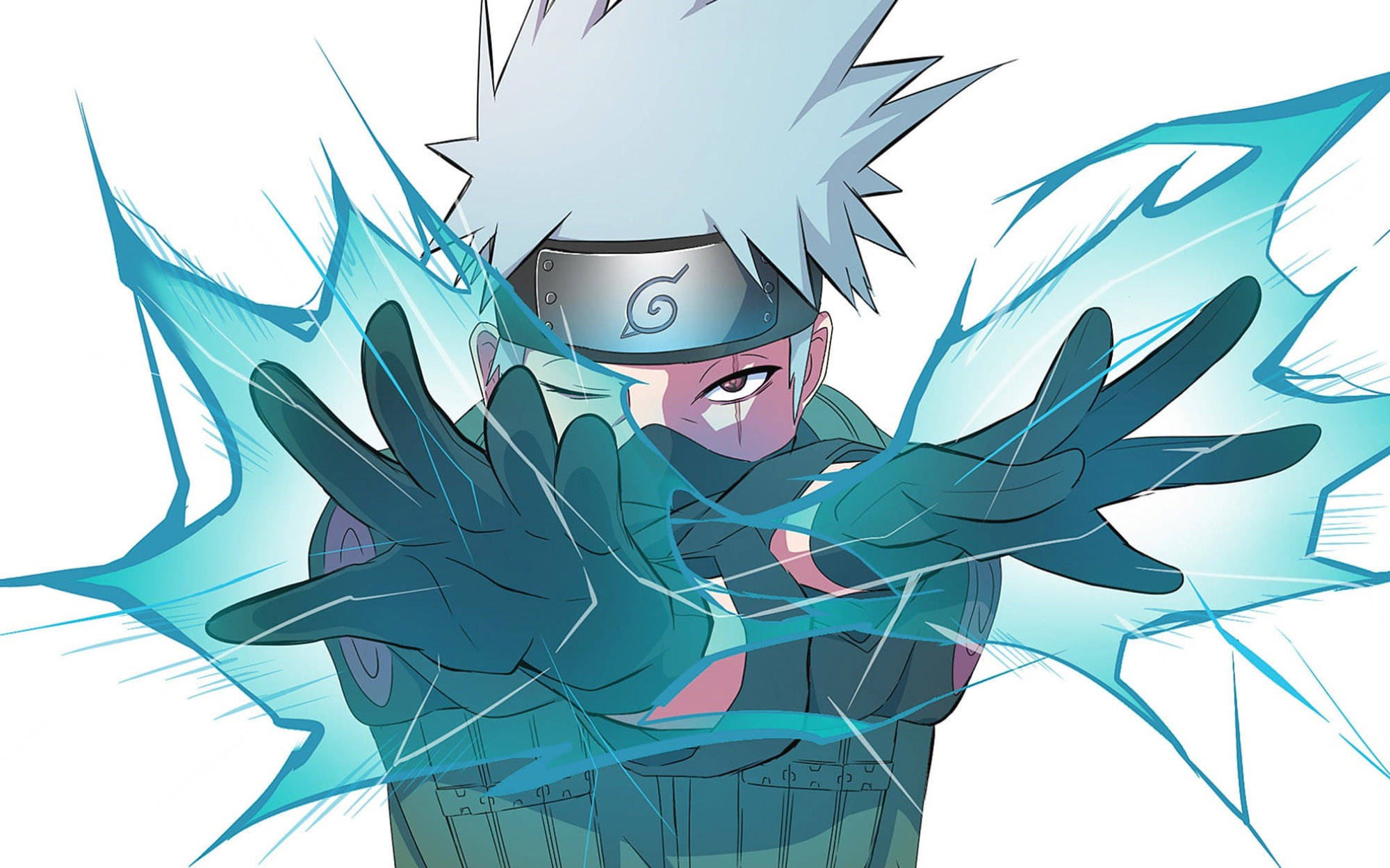 kakashi pfp 桌布 壁紙 — 動漫忍者，白色尖刺頭髮，頭戴頭帶，在伸出的雙手之間引導藍色查克拉能量。