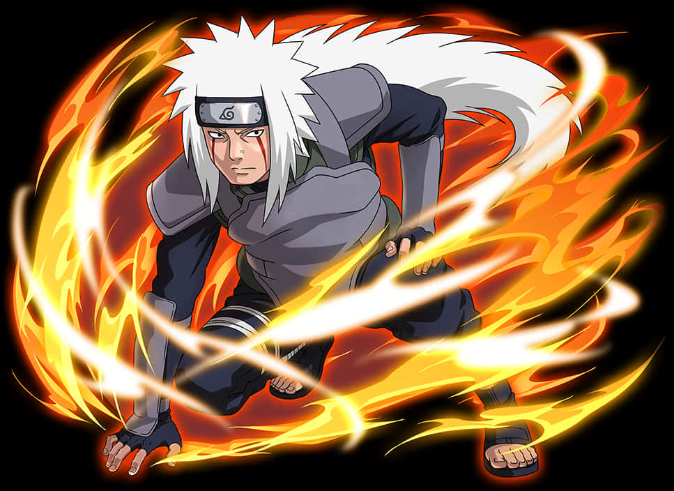 Anime Character 桌布 壁紙 — 動漫忍者，白色尖刺頭髮和頭帶，被旋轉的橙色火焰包圍，擺出動態戰鬥姿勢。