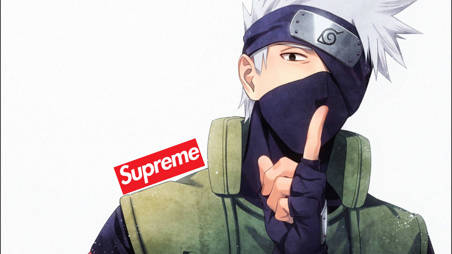 supreme 桌布 壁紙 — 動漫忍者，白髮戴面具，舉起手指，背心上帶有Supreme標誌。