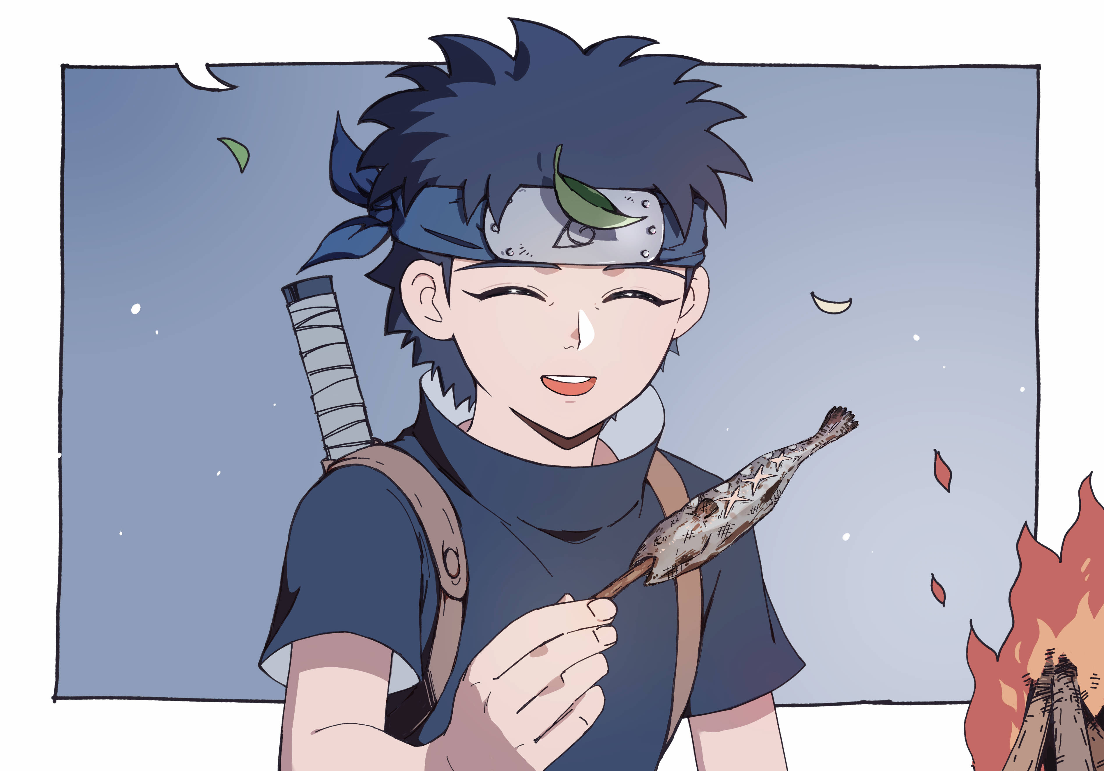 Shisui 桌布 壁紙 — 動漫忍者，藍色尖刺頭髮，在星空下的營火旁微笑，手持烤魚。