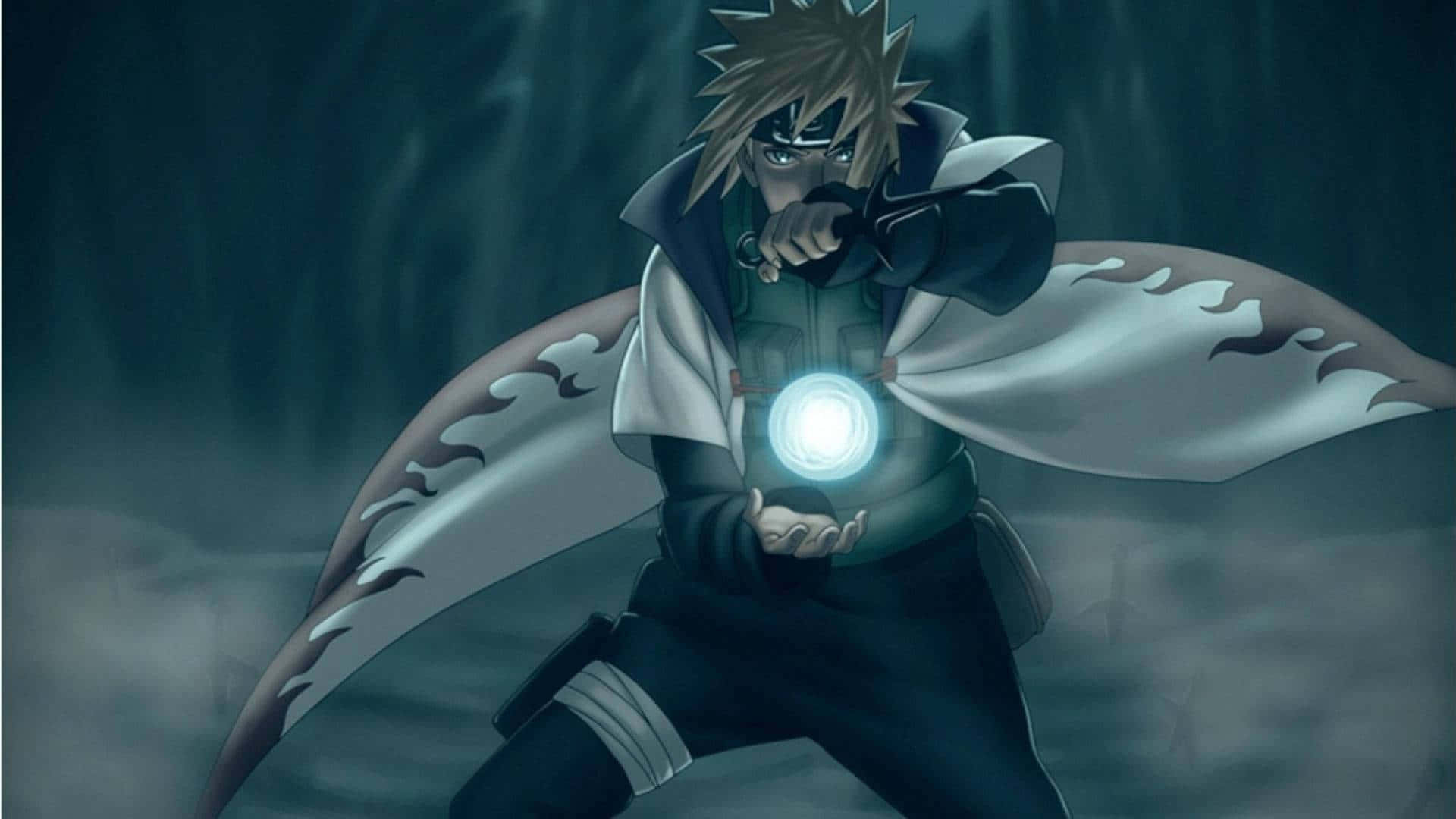 Naruto Rasengan 桌布 壁紙 — 動漫忍者，金色尖刺頭髮，白色斗篷，在迷霧黑暗森林中引導發光的藍色查克拉。