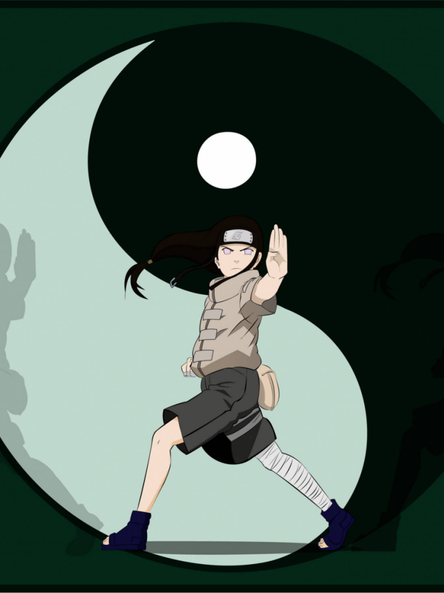 Neji 桌布 壁紙 — 動漫忍者以動態姿勢站在大型陰陽符號前，背景為深綠色。