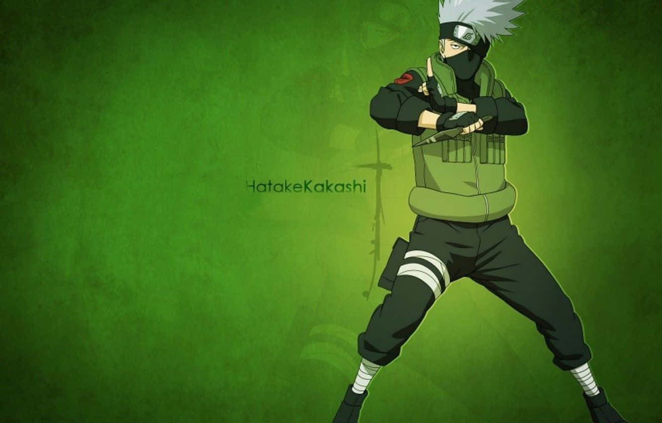 Naruto Green 桌布 壁紙 — 動漫忍者卡卡西·哈塔克以戰鬥姿勢站在有紋理的綠色背景前。