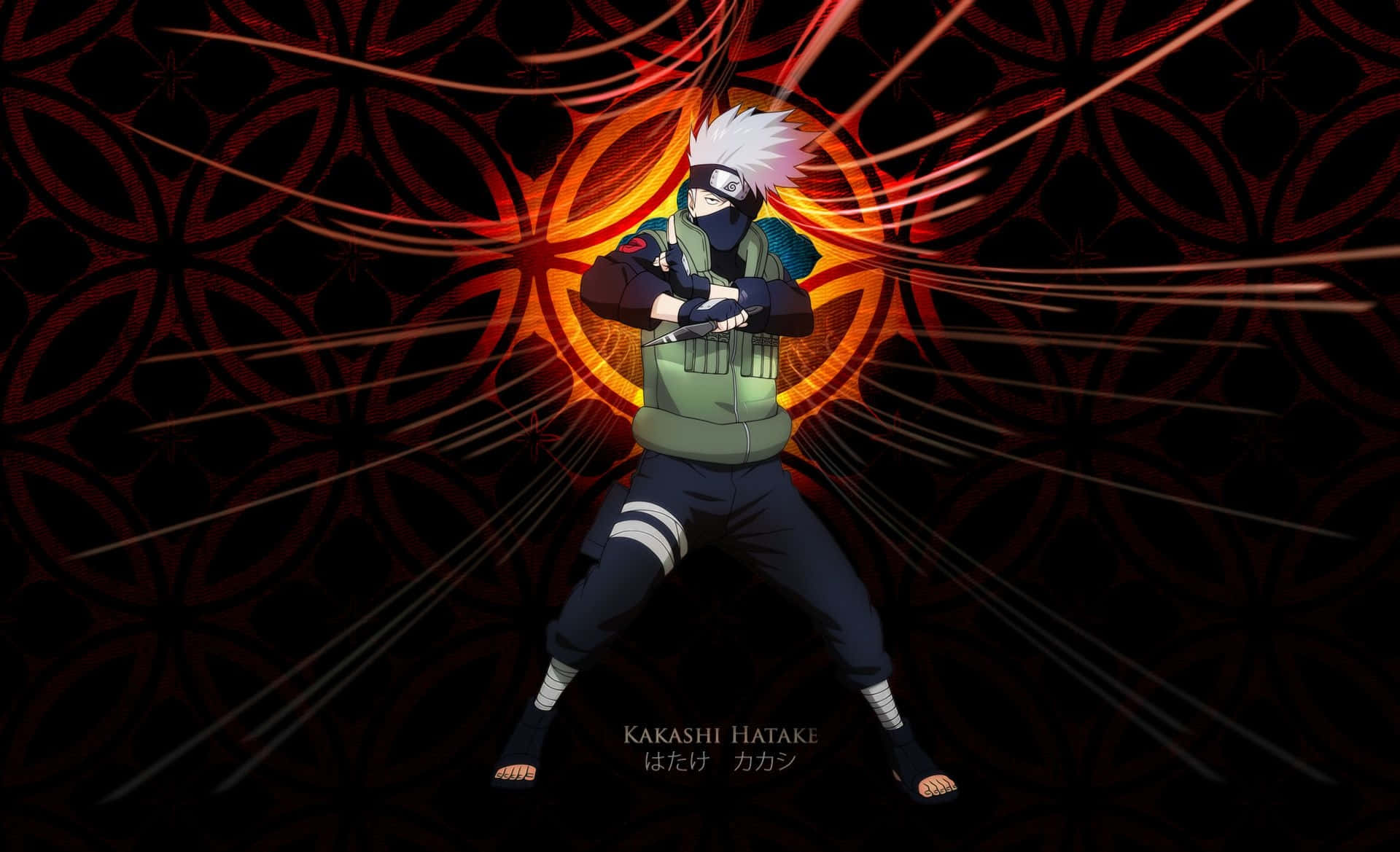 kakashi pfp 桌布 壁紙 — 動漫忍者卡卡西站在深紅色圖案背景上，擺出動態戰鬥姿勢，伴隨著發光的橙色能量線條。