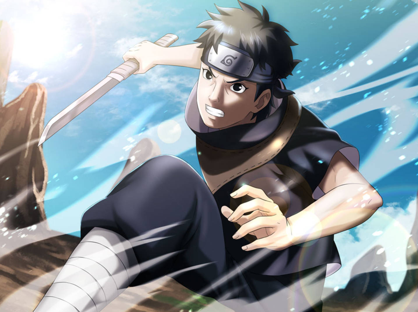 Shisui 桌布 壁紙 — 動漫忍者戰士在明亮天空下的岩石地形上以動態戰鬥姿勢揮劍。