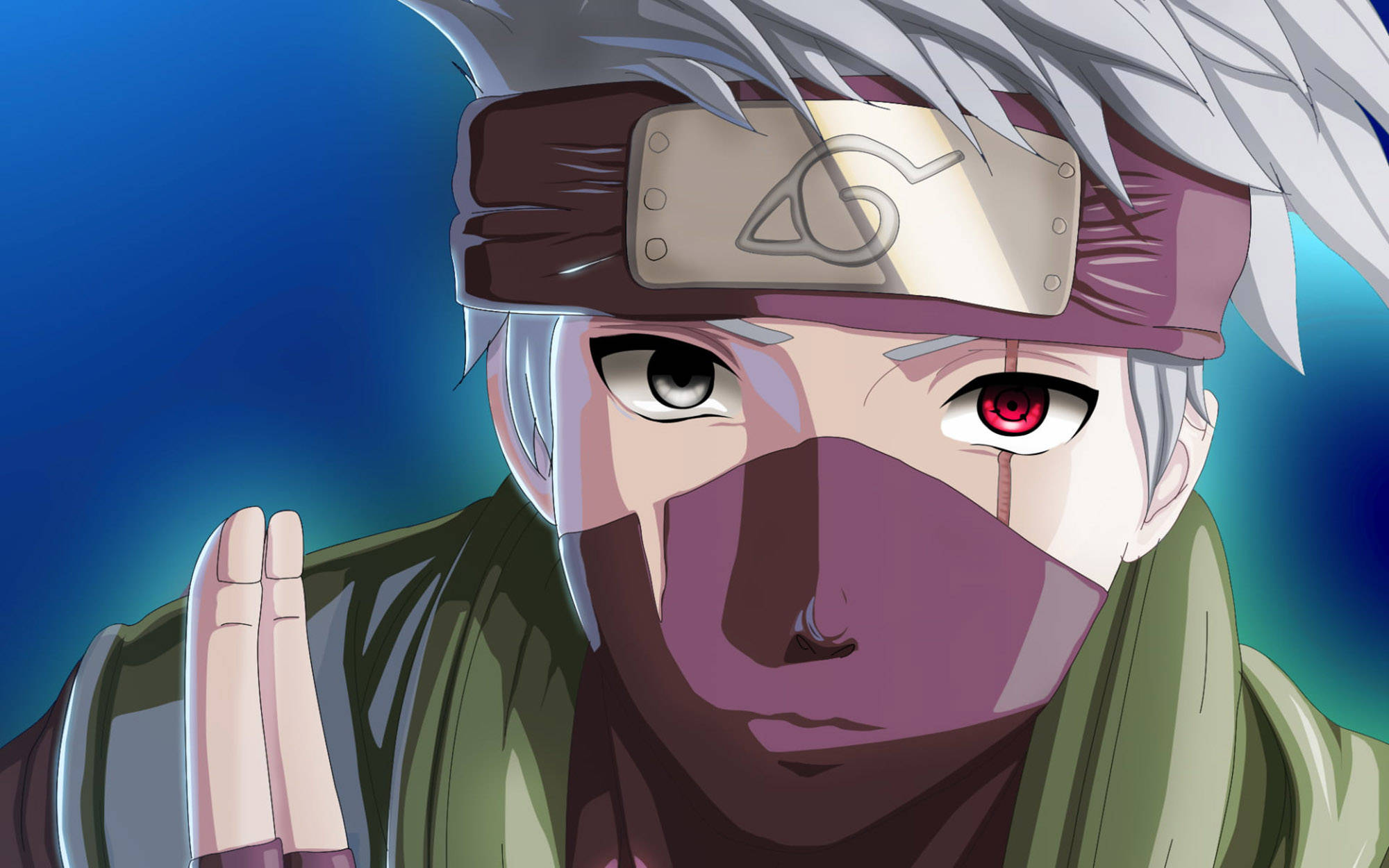 kakashi pfp 桌布 壁紙 — 動漫忍者特寫，銀色頭髮和紅色眼睛，戴著頭帶和紫色面具，背景為藍色。