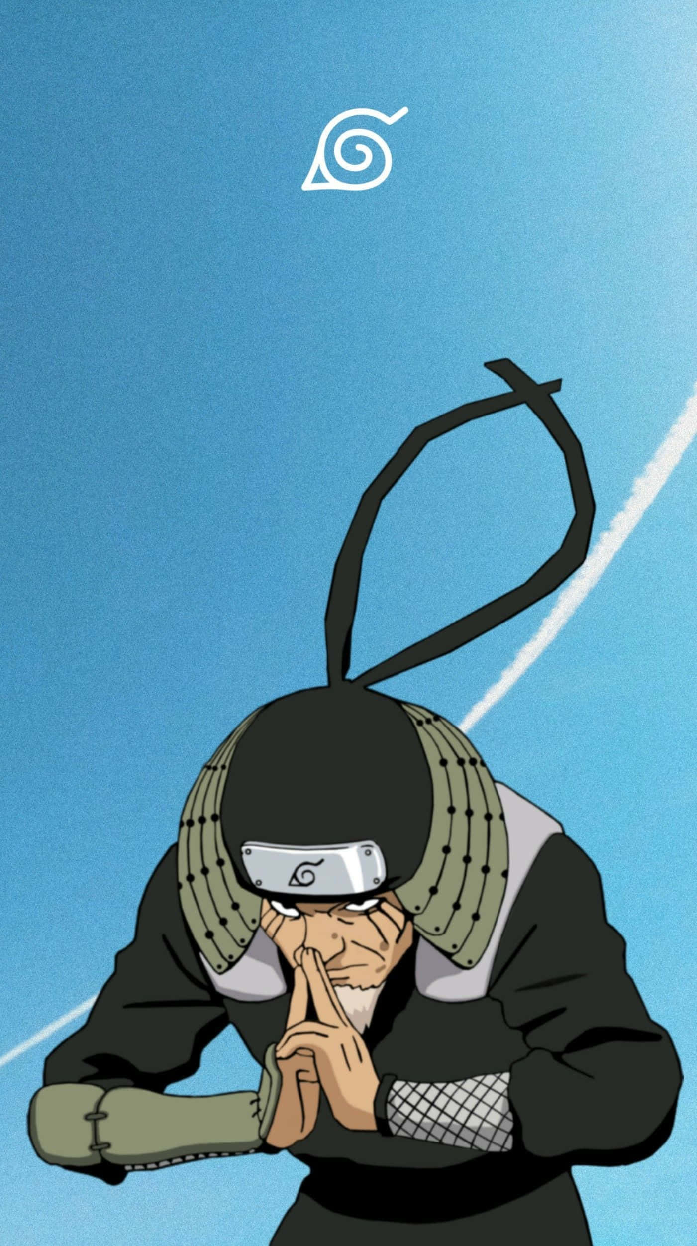 Third Hokage 桌布 壁紙 — 動漫忍者身穿黑色裝備和頭帶，雙手合十鞠躬，背景是清澈的藍天，上方有一個旋轉的符號。