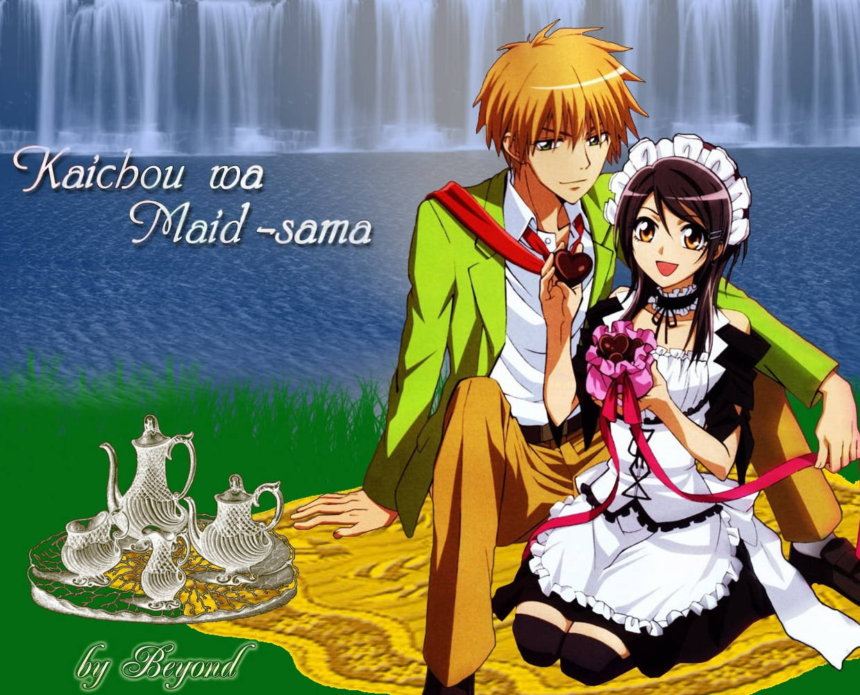 Maid Sama 桌布 壁紙 — 動漫情侶穿著女僕裝坐在瀑布旁，金色地毯上放著銀色茶具。