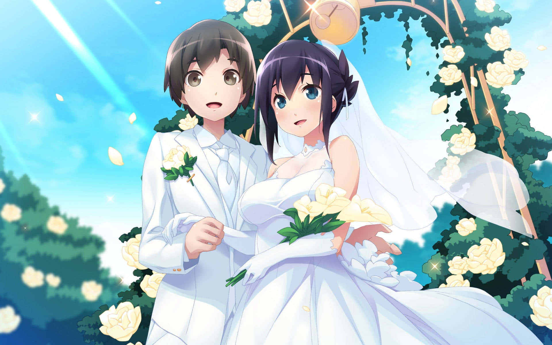 cute couple matching 桌布 壁紙 — 動漫情侶穿著婚禮服裝站在花拱門下，陽光灑落，花瓣飄落。