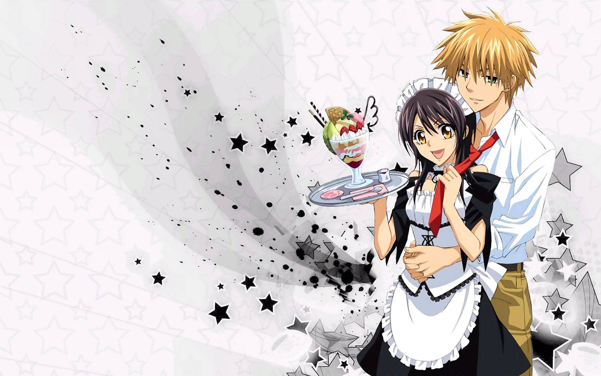 Kaichou Wa Maid Sama 桌布 壁紙 — 動漫情侶與女僕女孩拿著甜品托盤，背景是星光飛濺。