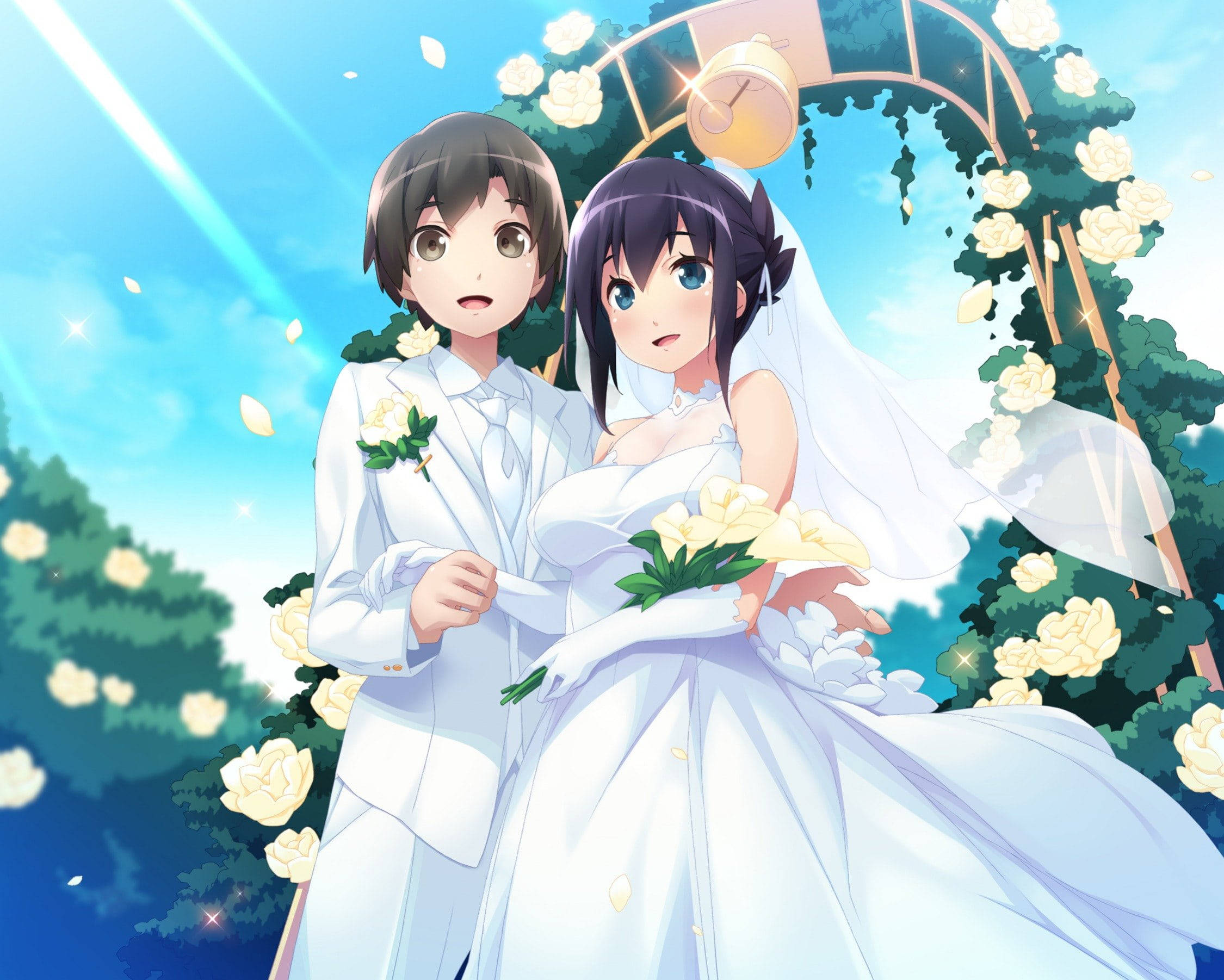 Romantic 桌布 壁紙 — 動漫情侶身穿白色婚紗禮服，站在花拱門下，花瓣飄落，陽光燦爛。