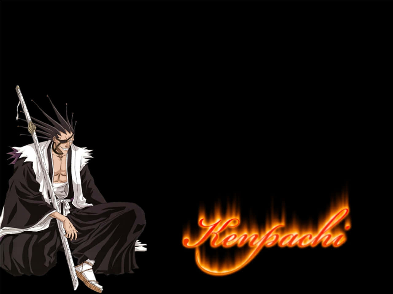 Kenpachi Zaraki 桌布 壁紙 — 動漫戰士 Kenpachi Zanpakuto 手持劍靜靜地坐在黑色背景前，旁邊有火焰般發光的名字。