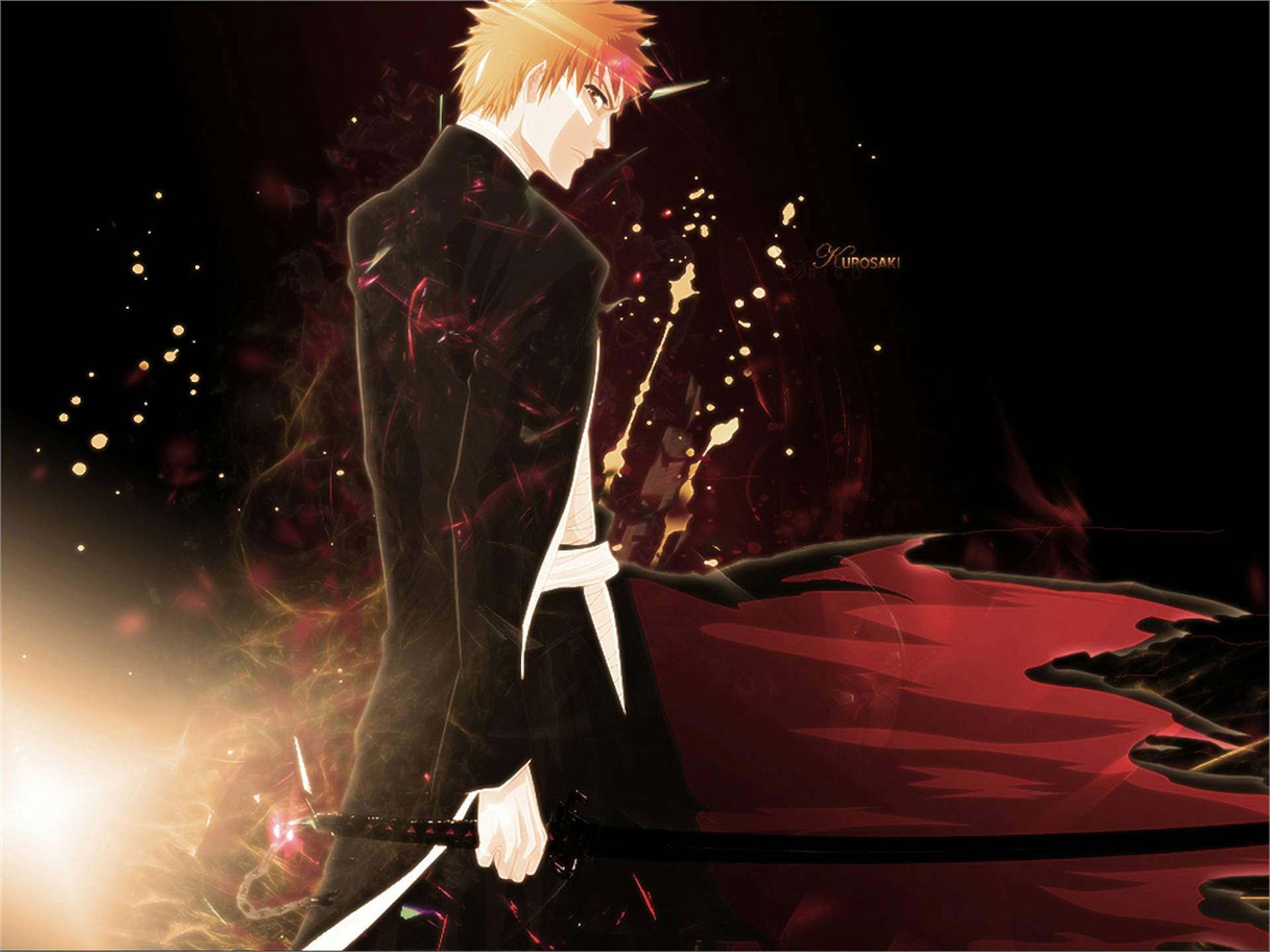 Ichigo Kurosaki 桌布 壁紙 — 動漫戰士，一頭尖刺橙色頭髮，以黑暗剪影姿態站立，手持劍，周圍有發光粒子旋轉。
