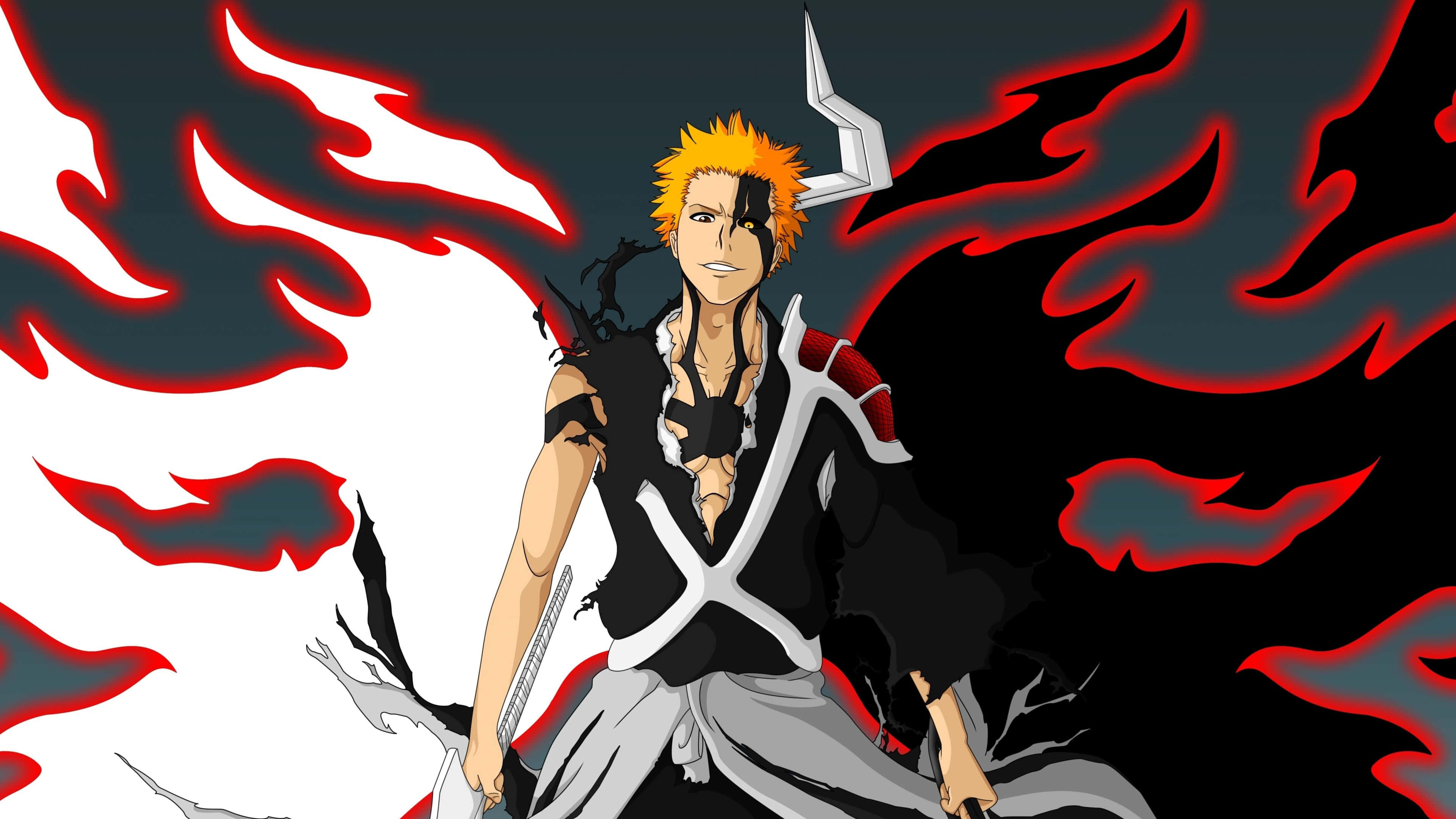 Ichigo 4K 桌布 壁紙 — 動漫戰士，擁有尖刺橙色頭髮和黑色眼睛，挑釁地站在火紅與黑色的背景前。