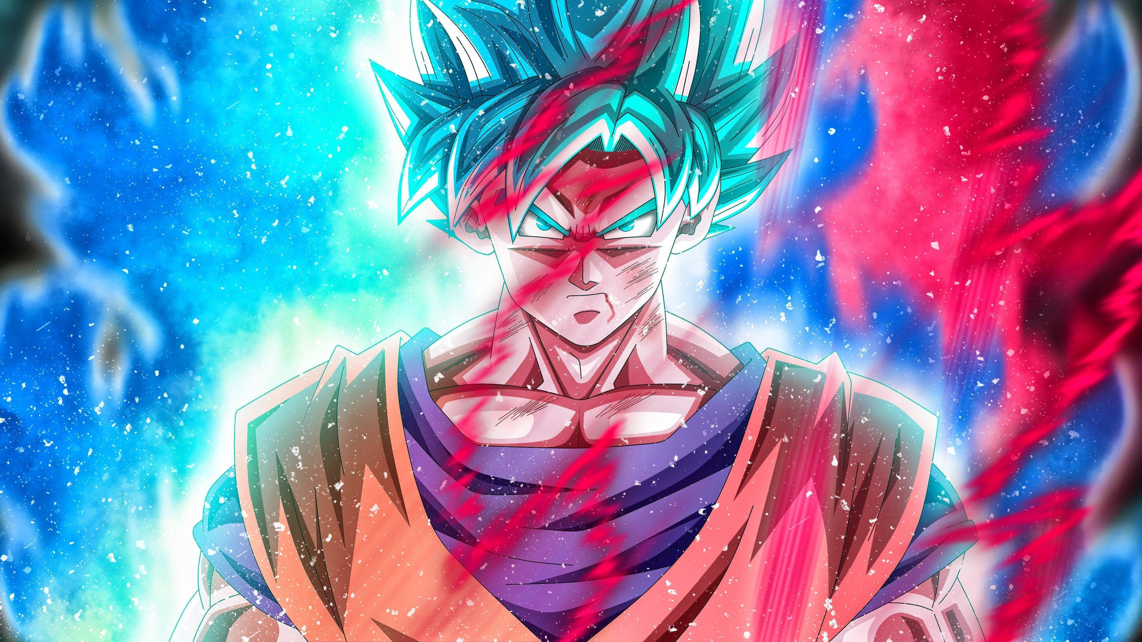 悟空 桌布 壁紙 — 動漫戰士，擁有尖刺藍色頭髮和紅色能量光環，強力地站在宇宙藍紅背景前。