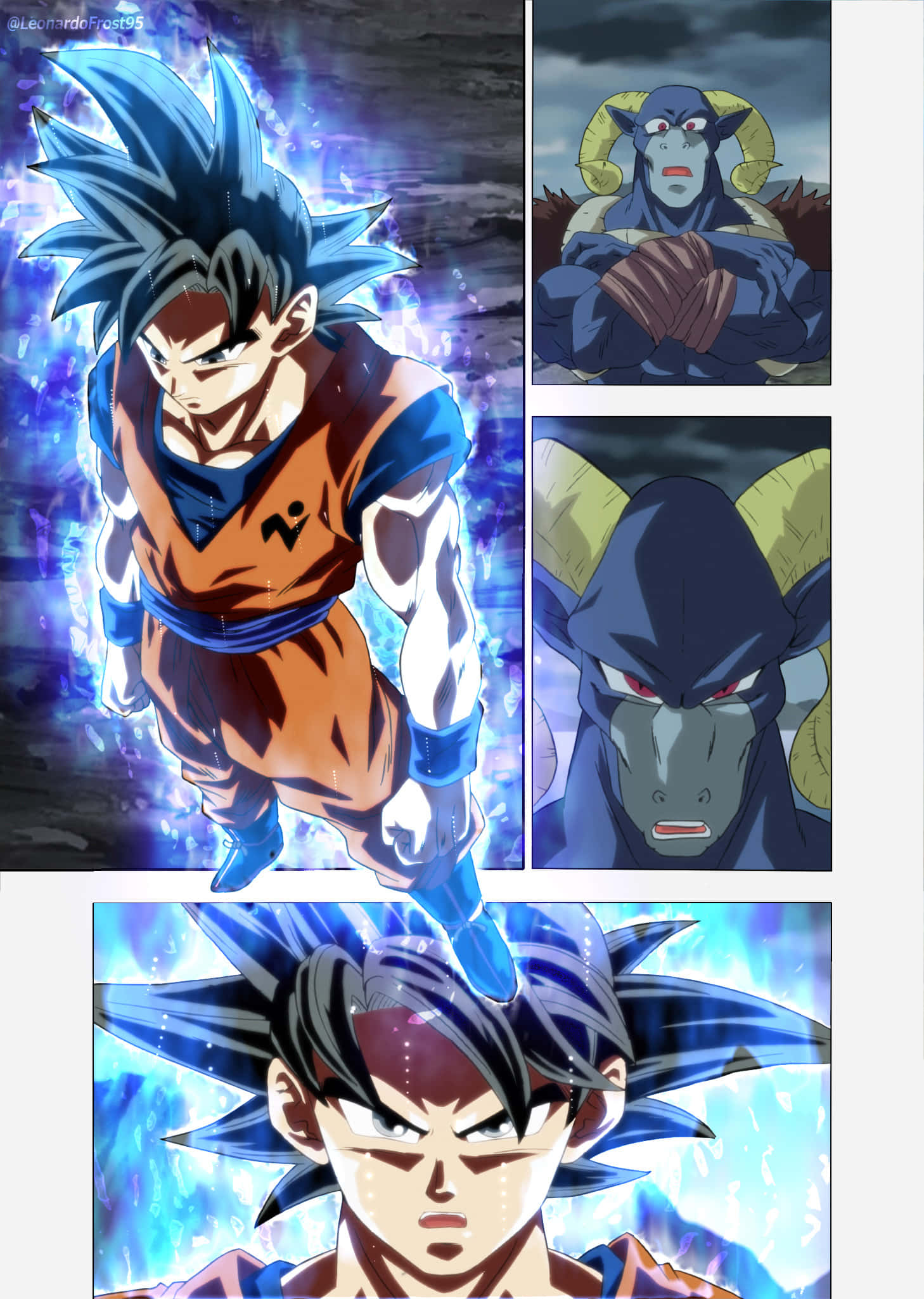 Dragon Ball Super Manga 桌布 壁紙 — 動漫戰士，擁有尖刺藍髮和橙色道服，在黑暗暴風雨背景下散發出藍色能量。