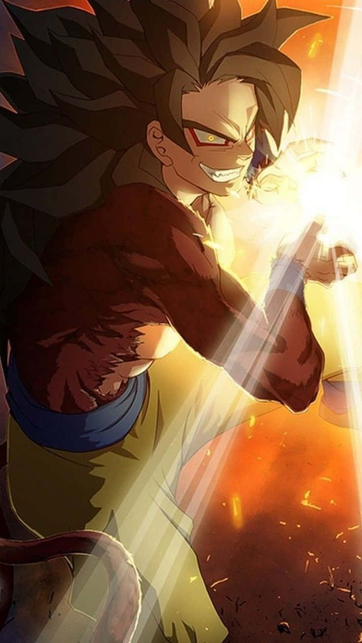 Goku Ssj4 桌布 壁紙 — 動漫戰士，擁有尖刺頭髮和紅色眼睛，在動態戰鬥姿勢中引導發光能量。