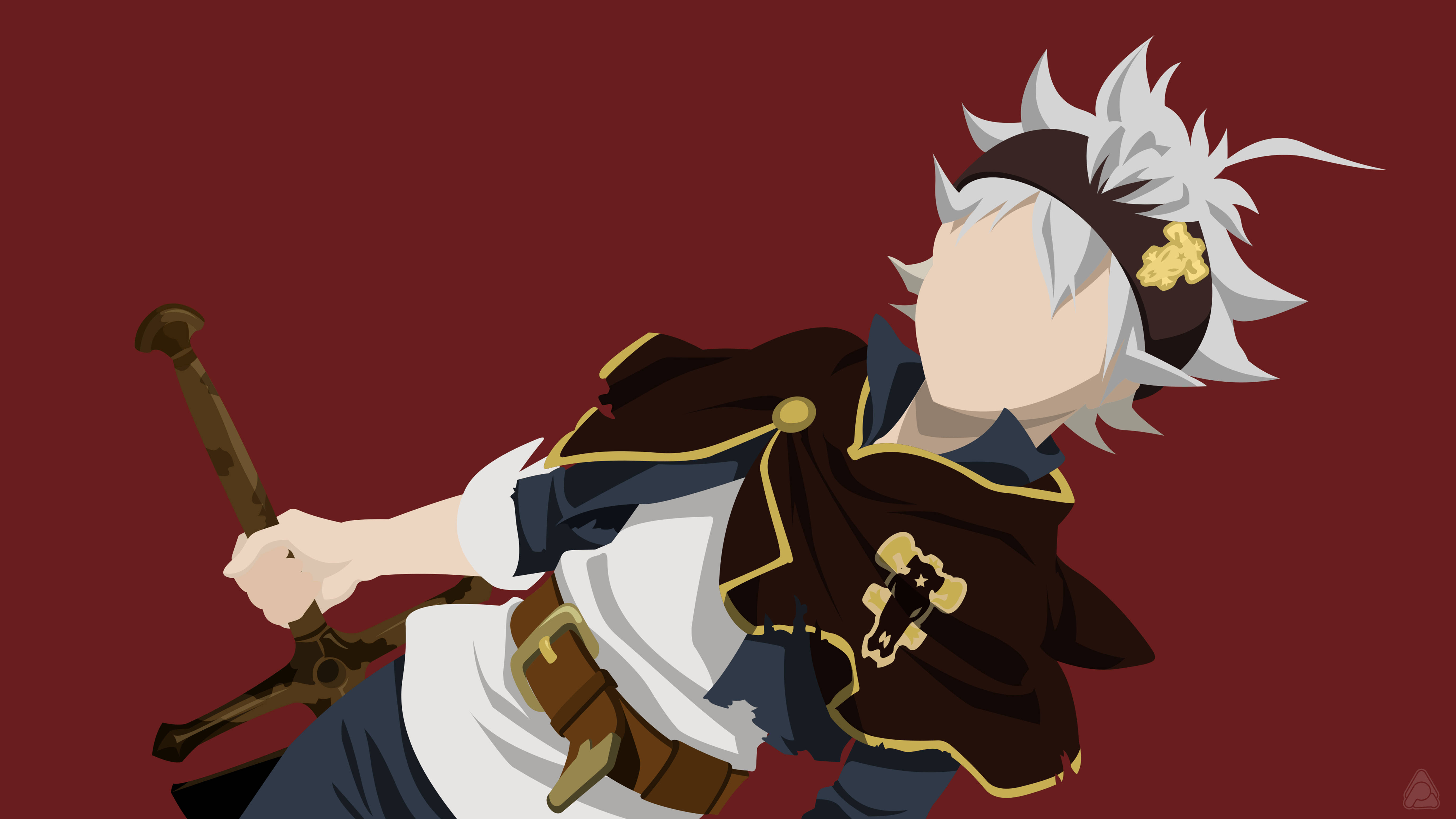 Black Clover Anime 桌布 壁紙 — 動漫戰士，白色尖刺頭髮，手持劍，在深紅色背景下擺出動態姿勢。