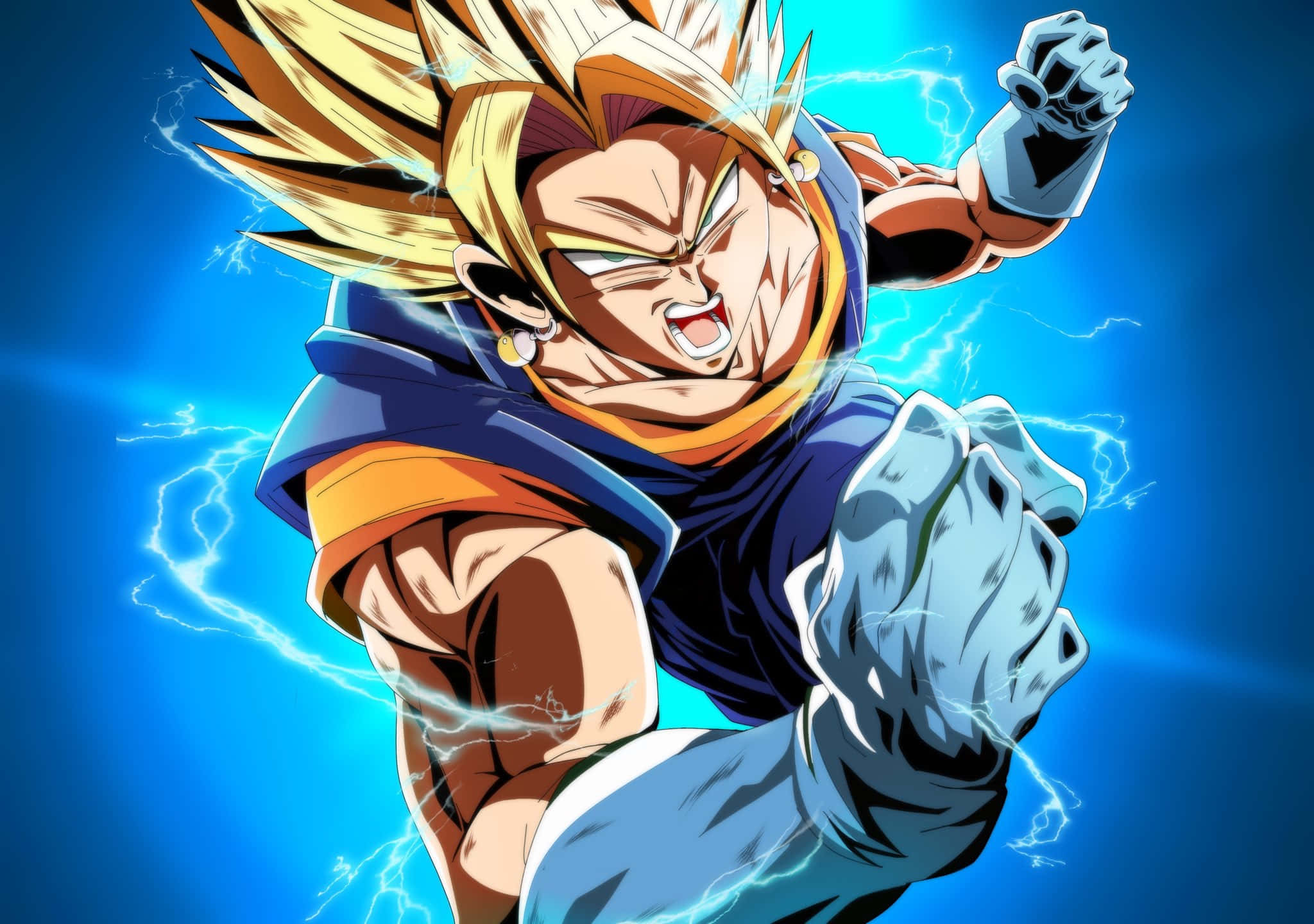 Dragon Ball Fighterz 桌布 壁紙 — 動漫戰士，金色刺蝟頭，藍色氣場，緊握拳頭，在劈啪作響的閃電中向前衝刺。