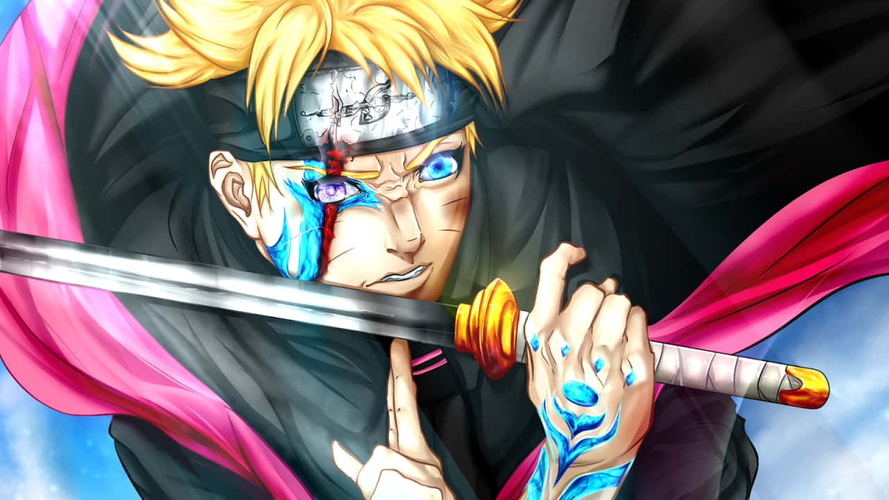 動漫男孩 桌布 壁紙 — 動漫戰士，金色刺蝟頭，藍色發光眼睛，手持劍，粉紅色斗篷在陰雲密布的天空中飄揚。