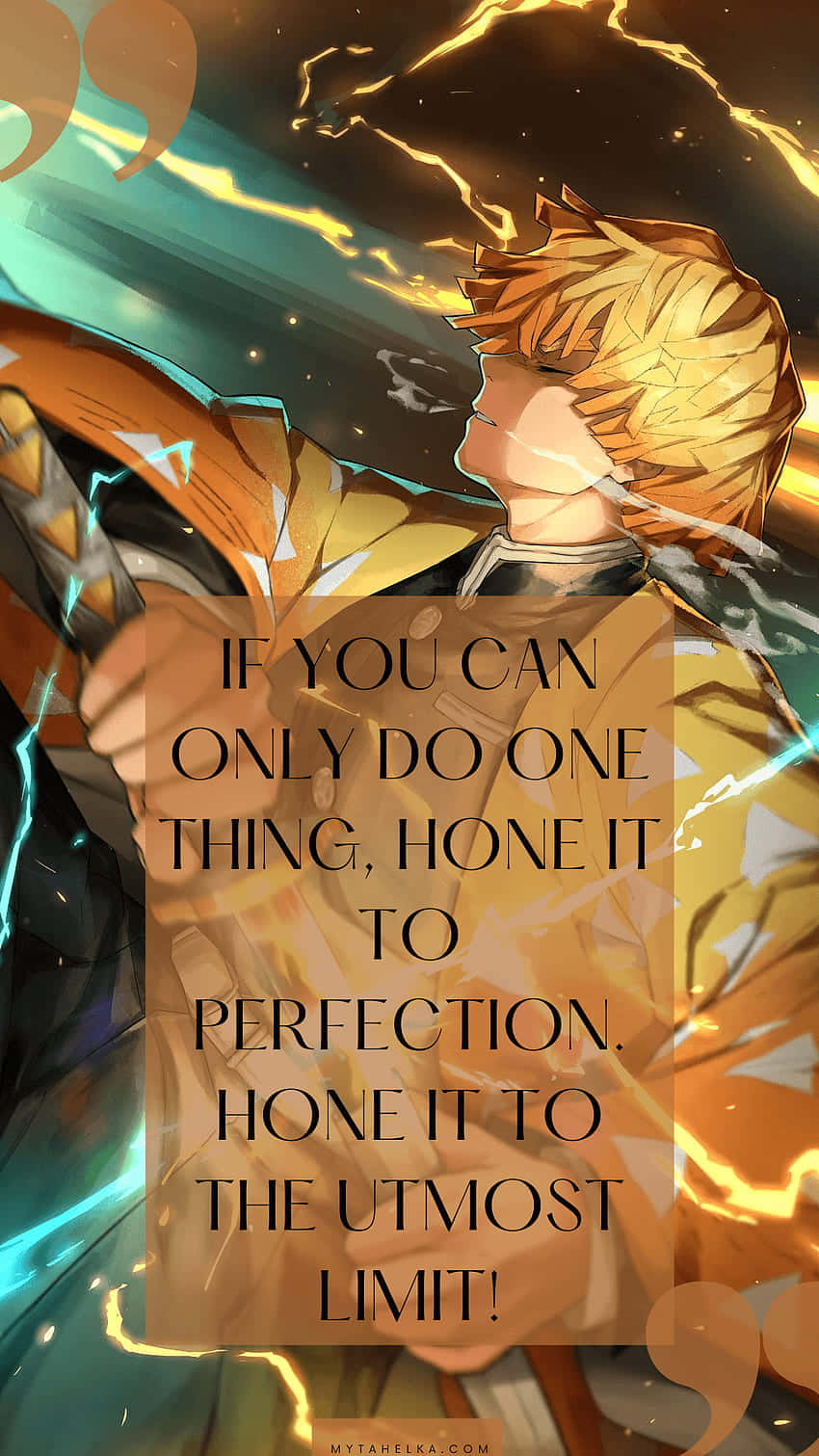 Sad Anime Quotes 桌布 壁紙 — 動漫戰士，金色尖刺頭髮，在宇宙風暴背景下揮舞發光劍，並疊加勵志名言。