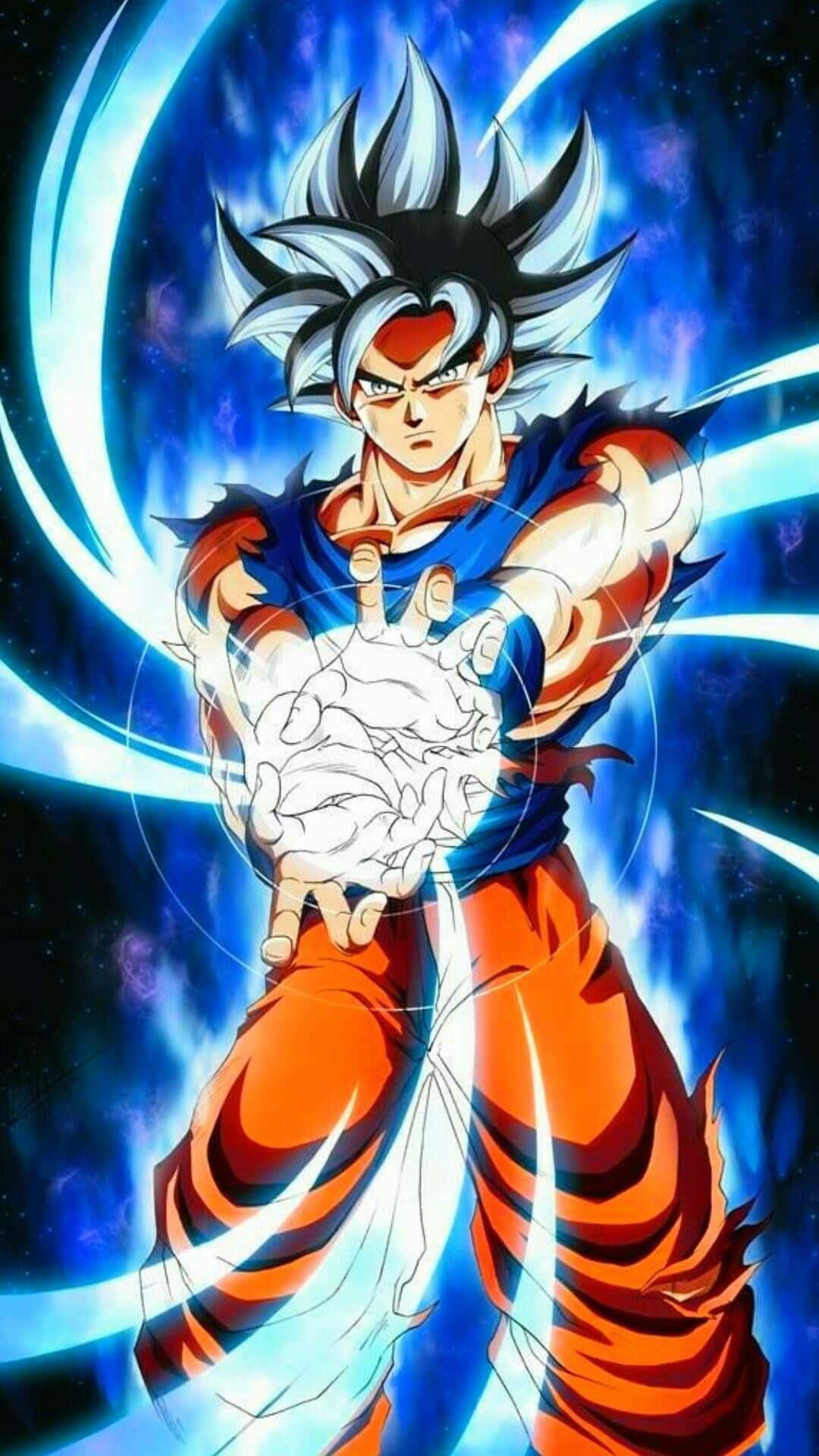 Energy Blast 桌布 壁紙 — 動漫戰士，銀色刺蝟頭，身穿橙色道服，在宇宙空間背景中引導藍色能量。