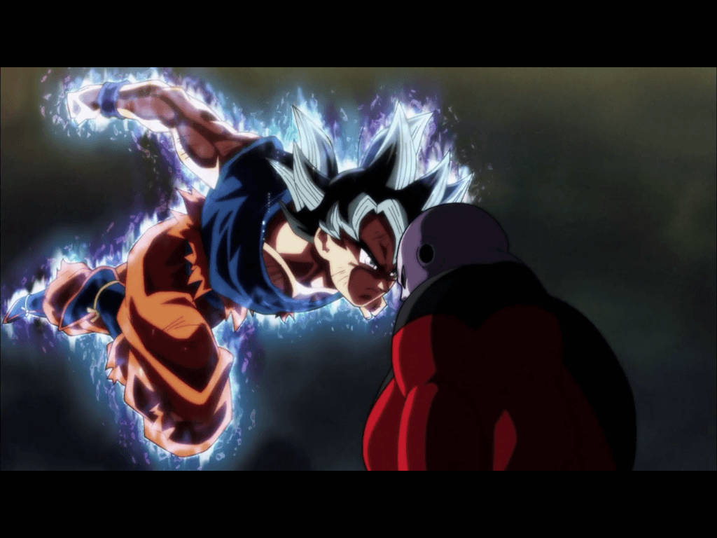 Ultra Instinct Goku 桌布 壁紙 — 動漫戰士，頭髮尖刺，光環閃耀，向前衝刺，與身穿紅衣的對手激烈戰鬥。