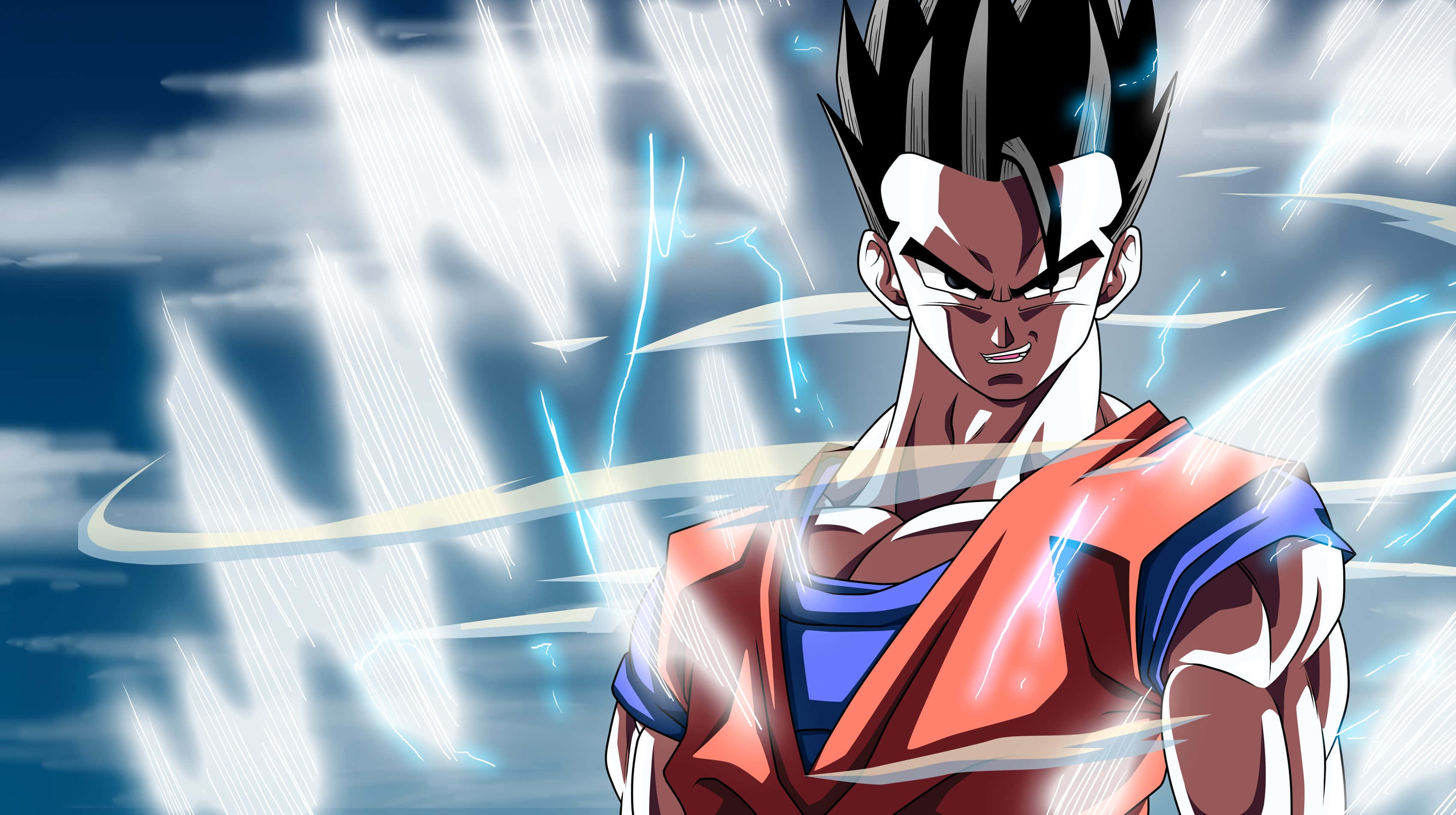 Teen Gohan 桌布 壁紙 — 動漫戰士，黑色刺蝟頭，橙色道服，在陰天背景下散發出藍色閃電和白色能量條的力量。