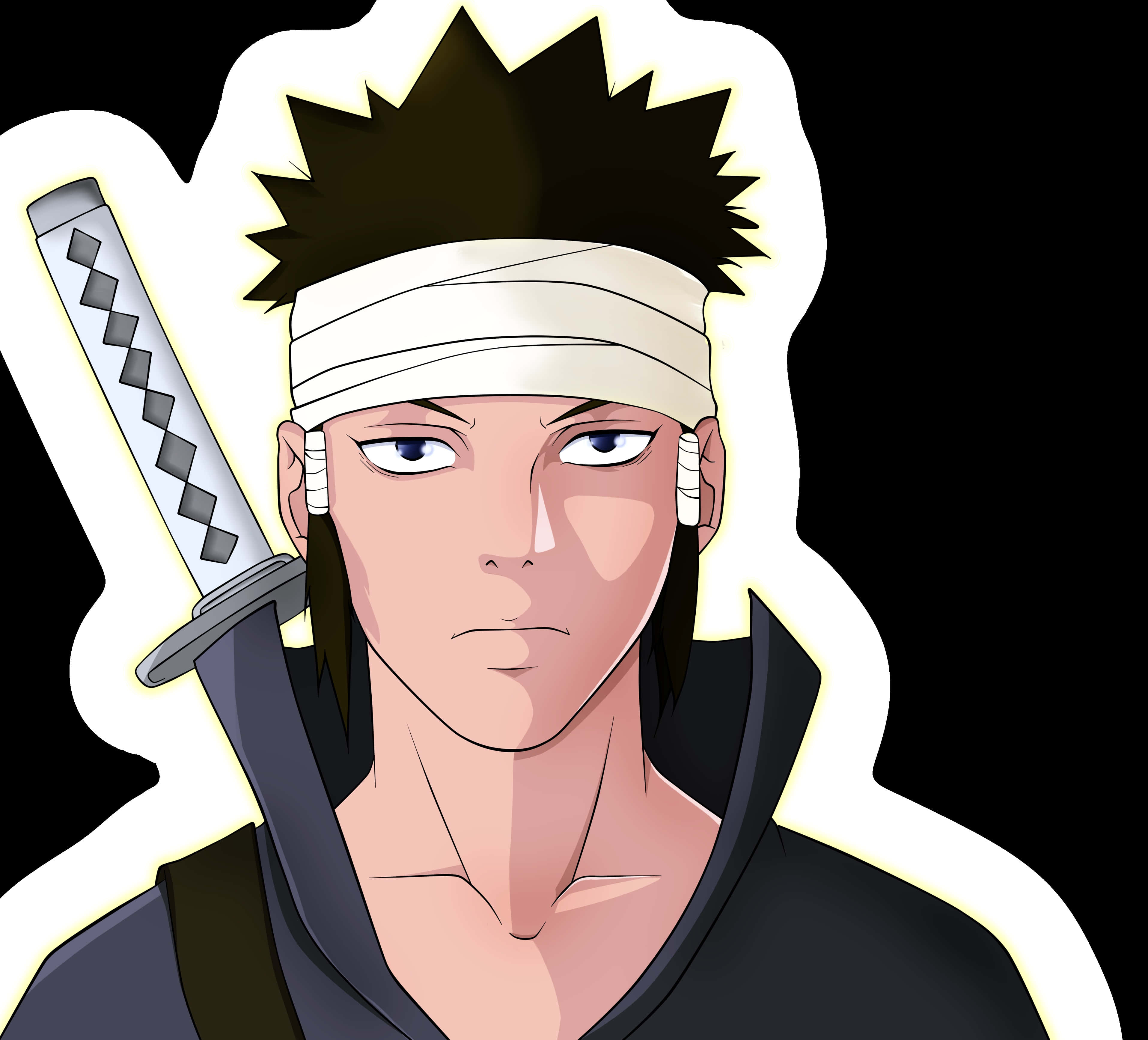 Asura ōtsutsuki 桌布 壁紙 — 動漫戰士，黑色刺蝟頭，白色頭帶，手持劍，在黑色背景下凝視。