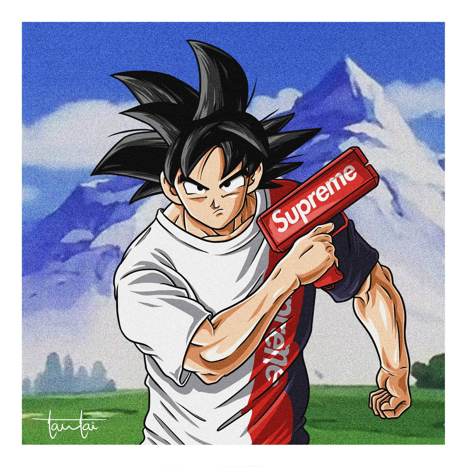 Goku Swag 桌布 壁紙 — 動漫戰士，黑色尖刺頭髮，手持紅色Supreme盒子，背景是藍色山脈和綠色田野。