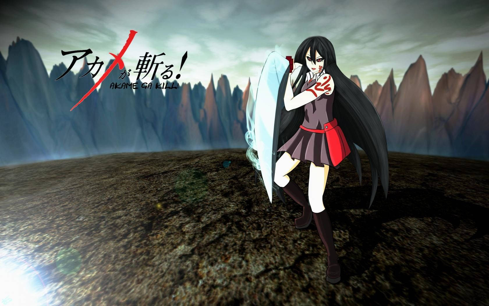 akame 桌布 壁紙 — 動漫戰士Akame在風暴天空下，手持發光劍，面對鋸齒狀山脈。