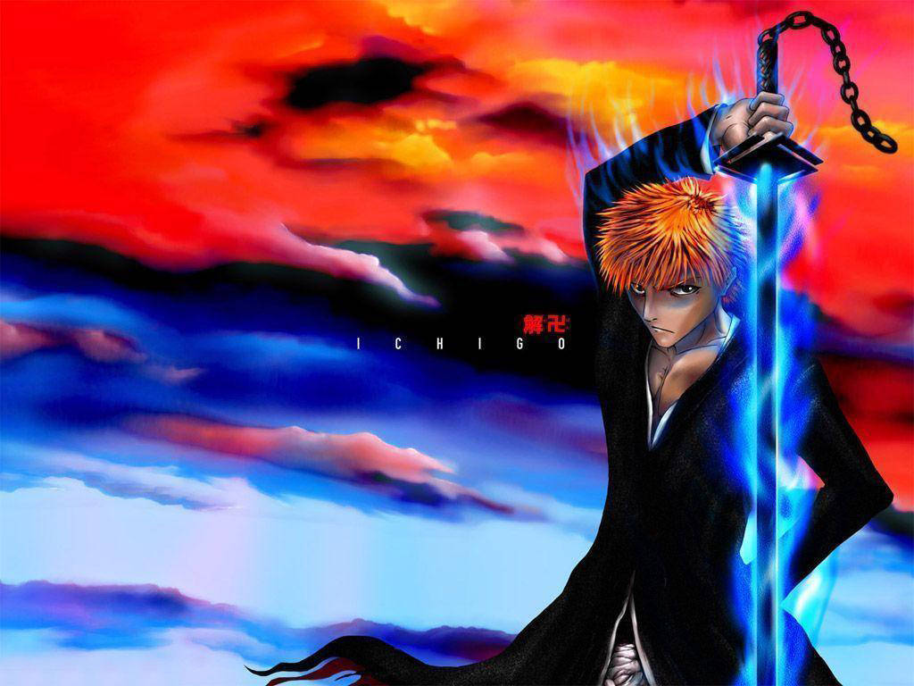 Bankai 桌布 壁紙 — 動漫戰士一護手持發光的藍色劍，背景是火紅和電藍色的天空。