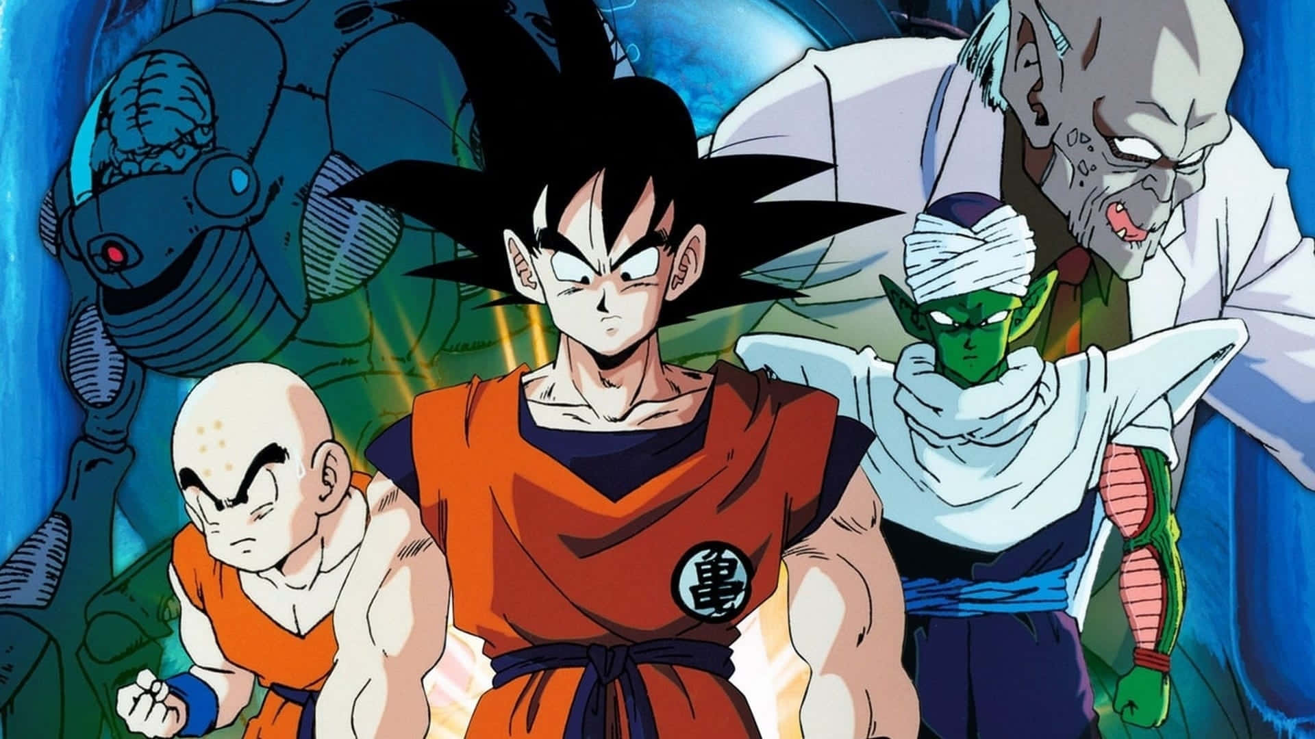Dragon Ball Movies 桌布 壁紙 — 動漫戰士以動態姿勢和強烈表情，在發光的藍色能量背景前。