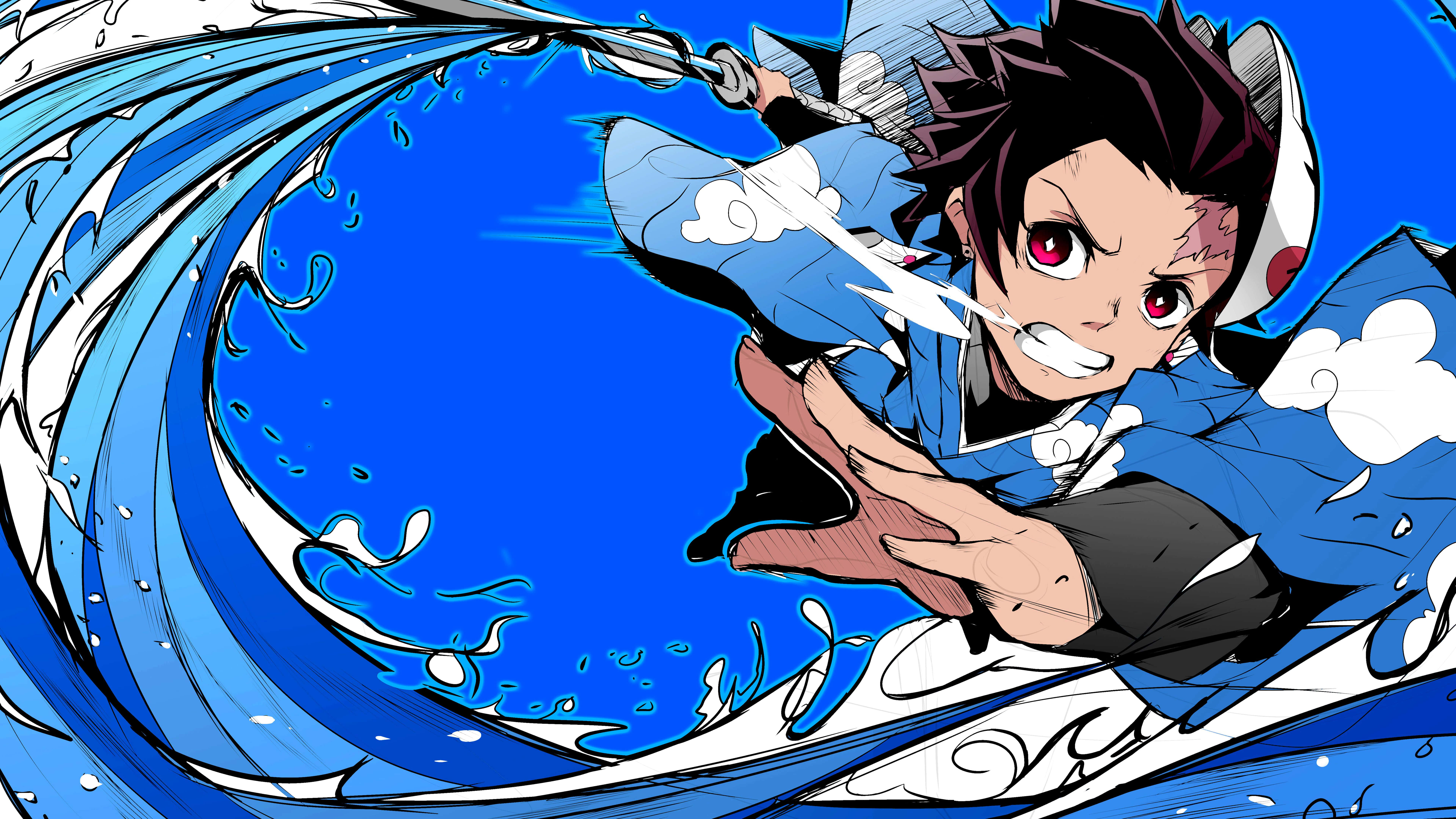Demon Slayer iPad 桌布 壁紙 — 動漫戰士以強烈的專注力和動態動作劈開旋轉的藍色水。