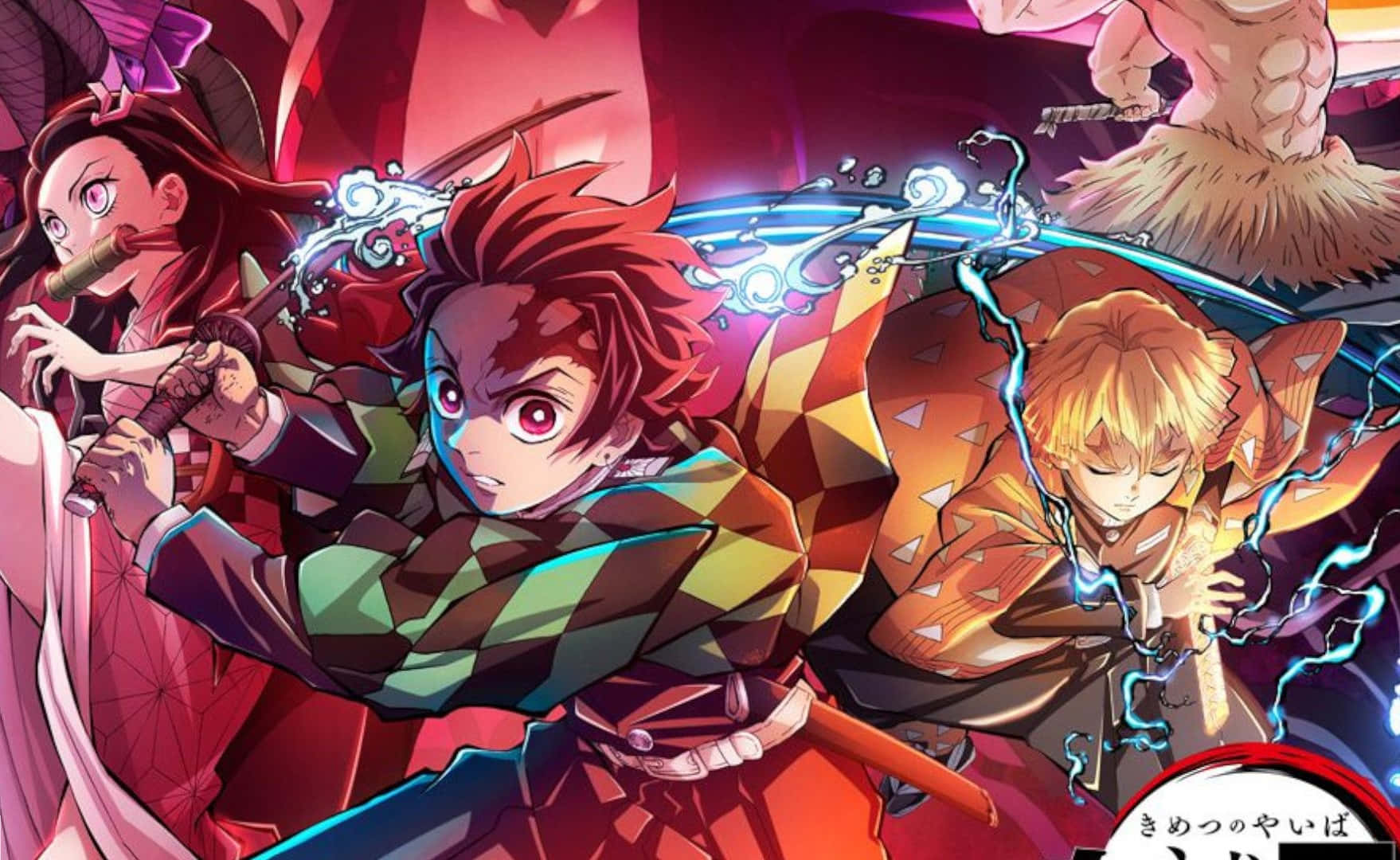 Demon Slayer Season 2 桌布 壁紙 — 動漫戰士以發光劍交鋒，在充滿活力的紅藍戰鬥場景中。