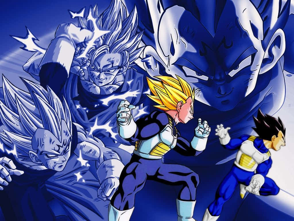 Vegeta Art 桌布 壁紙 — 動漫戰士以藍色和金色的戰鬥姿態，在深藍色能量背景前展現動態。