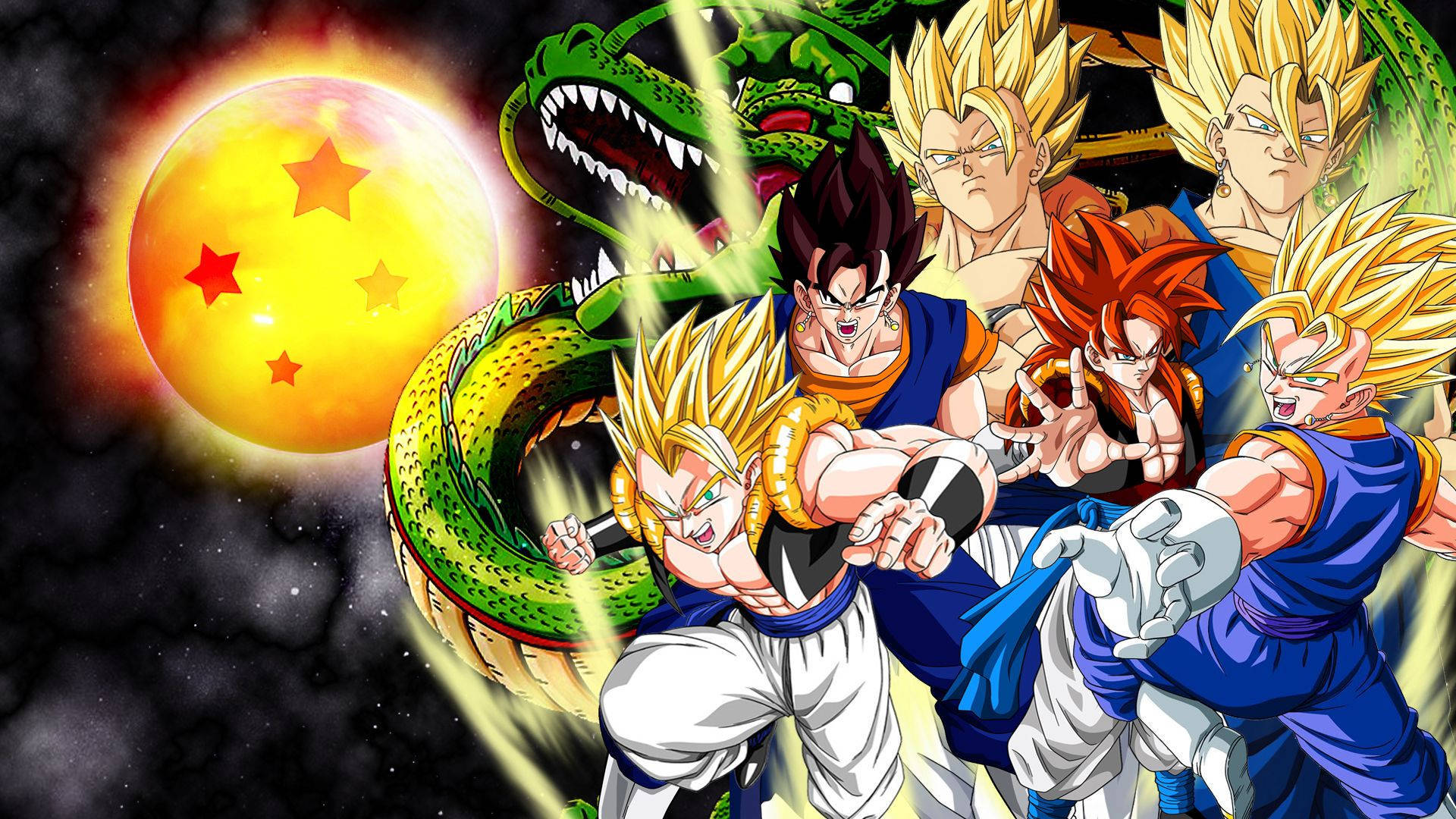 Cool Dragon Ball Z 桌布 壁紙 — 動漫戰士以超級賽亞人形態與龍一起在宇宙背景下與發光行星戰鬥。