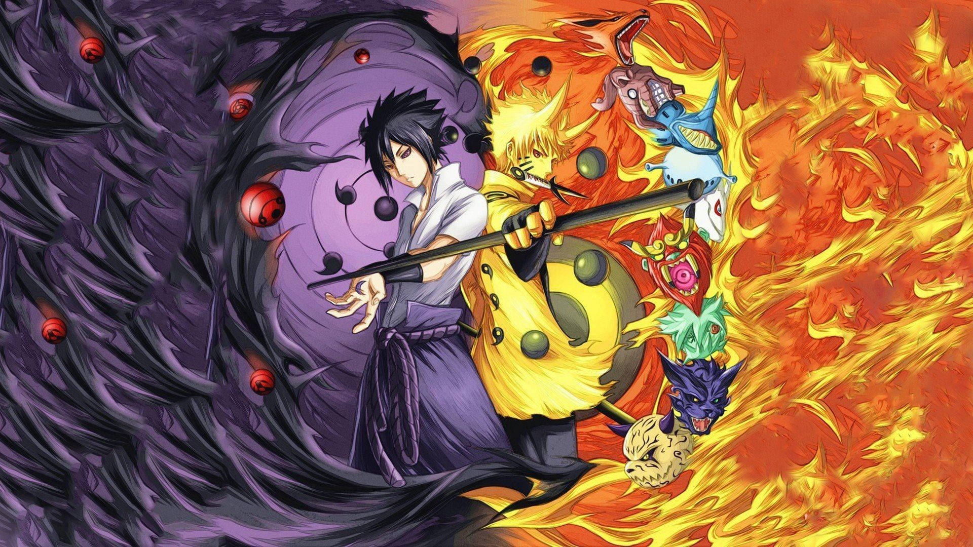 Naruto Nine Tails 桌布 壁紙 — 動漫戰士佇立在旋轉的紫色查克拉與熾熱的橙色火焰之間，伴隨著九條尾巴和惡魔面具。