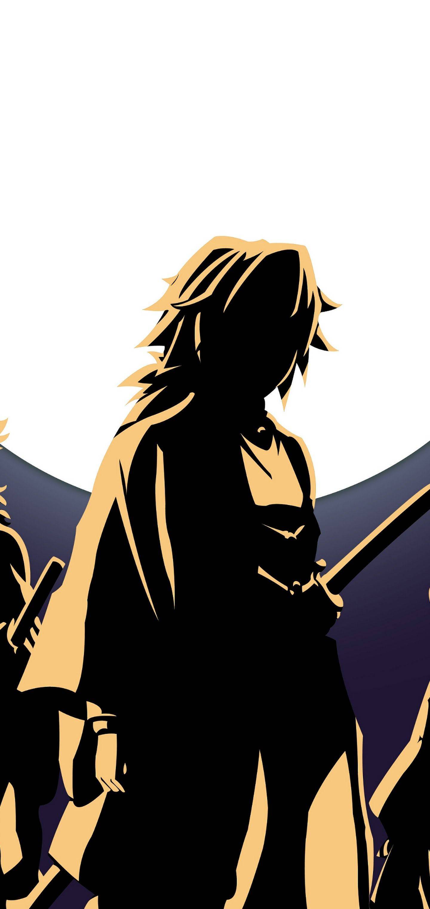 Demon Slayer Aesthetic 桌布 壁紙 — 動漫戰士剪影，頭髮尖刺，手持劍，站在純白和紫色背景前。