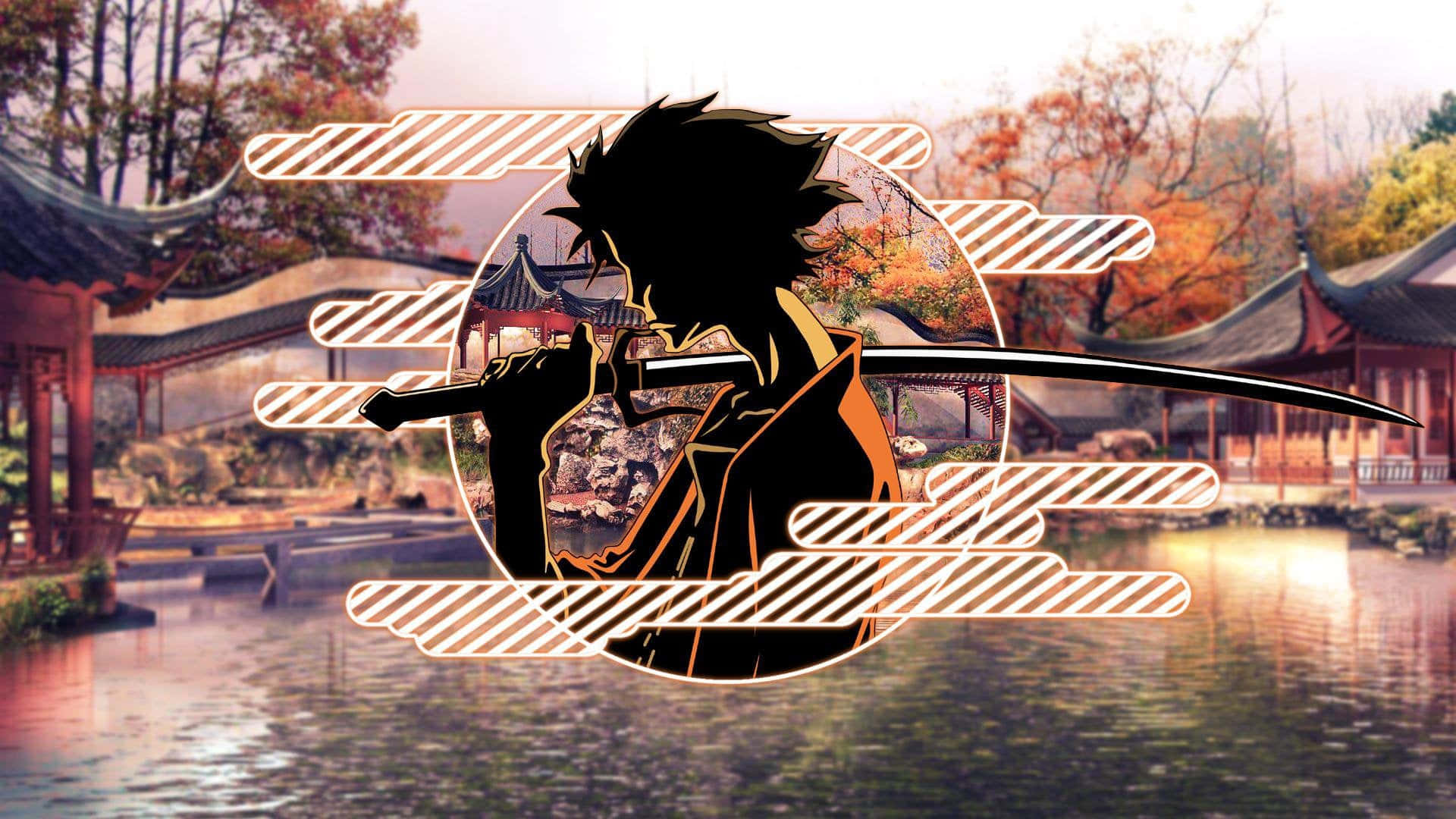 Samurai Champloo 桌布 壁紙 — 動漫戰士剪影持劍站立在圓形框架內，背景是寧靜的秋日池塘和傳統亭閣。