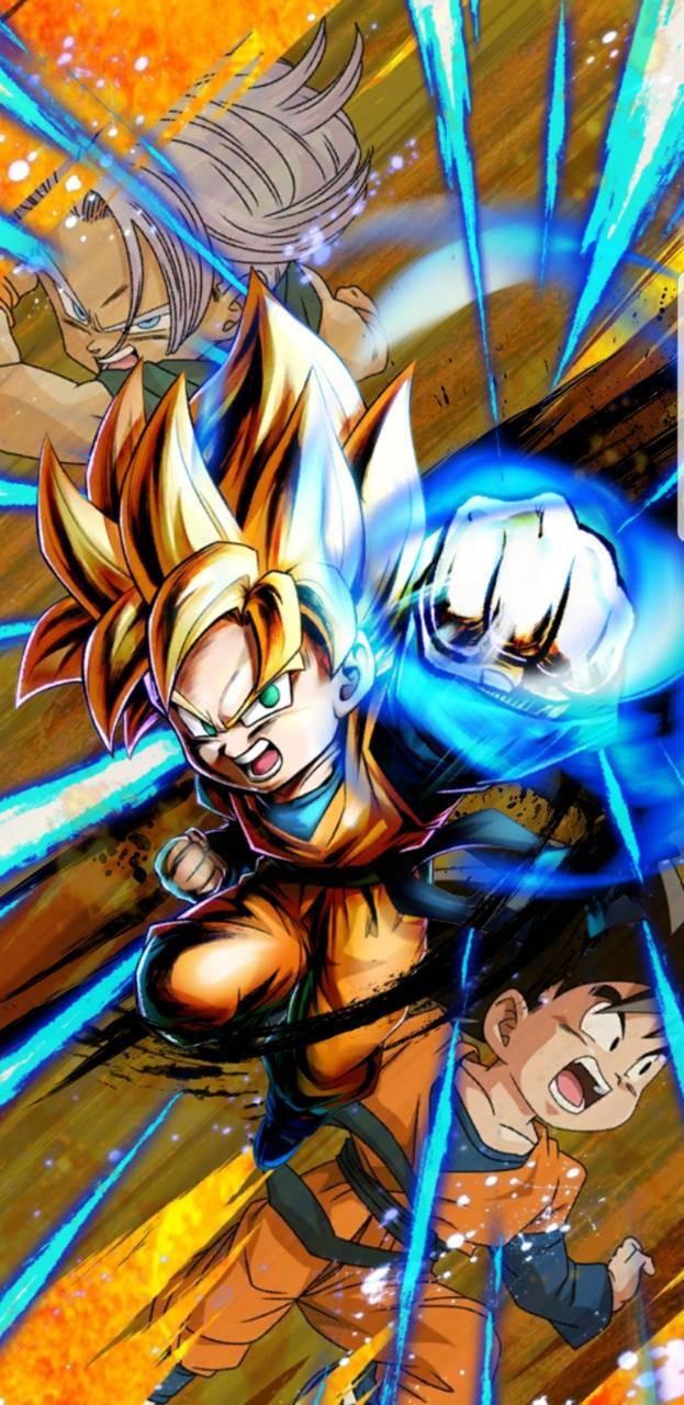 Goten 桌布 壁紙 — 動漫戰士在充滿動感的戰鬥場景中釋放出發光的藍色能量爆炸，伴隨著火熱的橙色和電光藍色條紋。