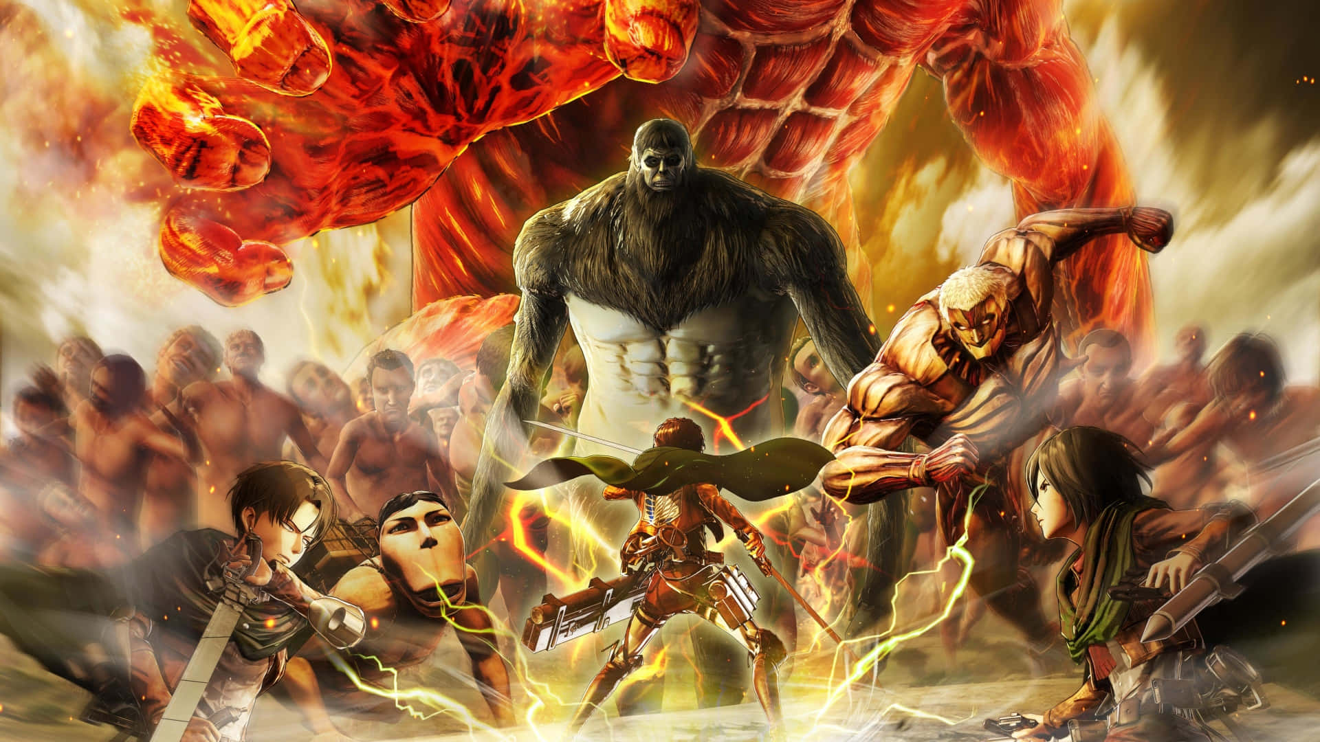 Attack On Titan The Final Season 桌布 壁紙 — 動漫戰士在充滿煙霧和能量的混亂爆炸戰場上與巨大的火焰巨人戰鬥。