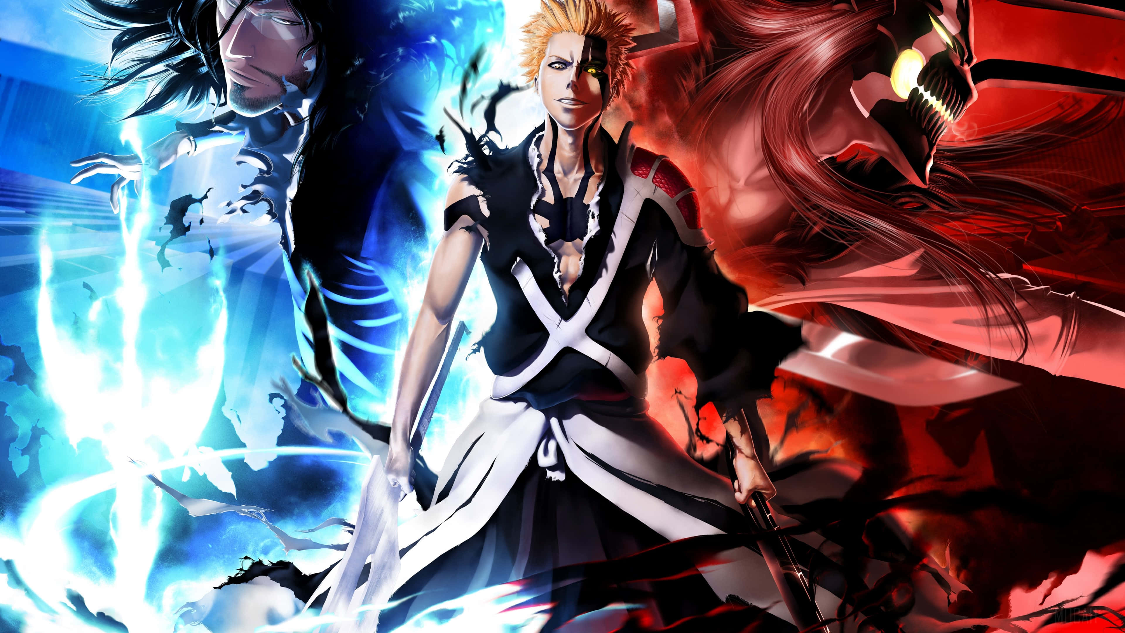Ichigo Final Form 桌布 壁紙 — 動漫戰士在動態戰鬥中碰撞，周圍環繞著藍色和紅色的能量爆發。