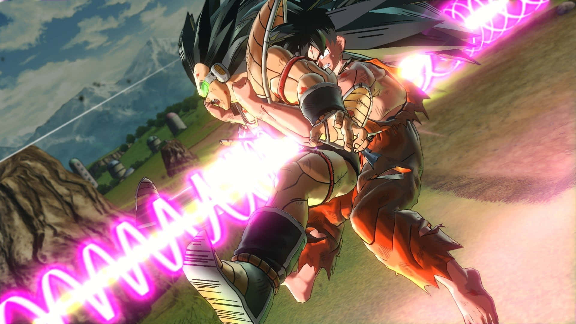 Dragon Ball Xenoverse 桌布 壁紙 — 動漫戰士在山區戶外戰鬥場景中釋放出發光的粉紅色能量爆炸。