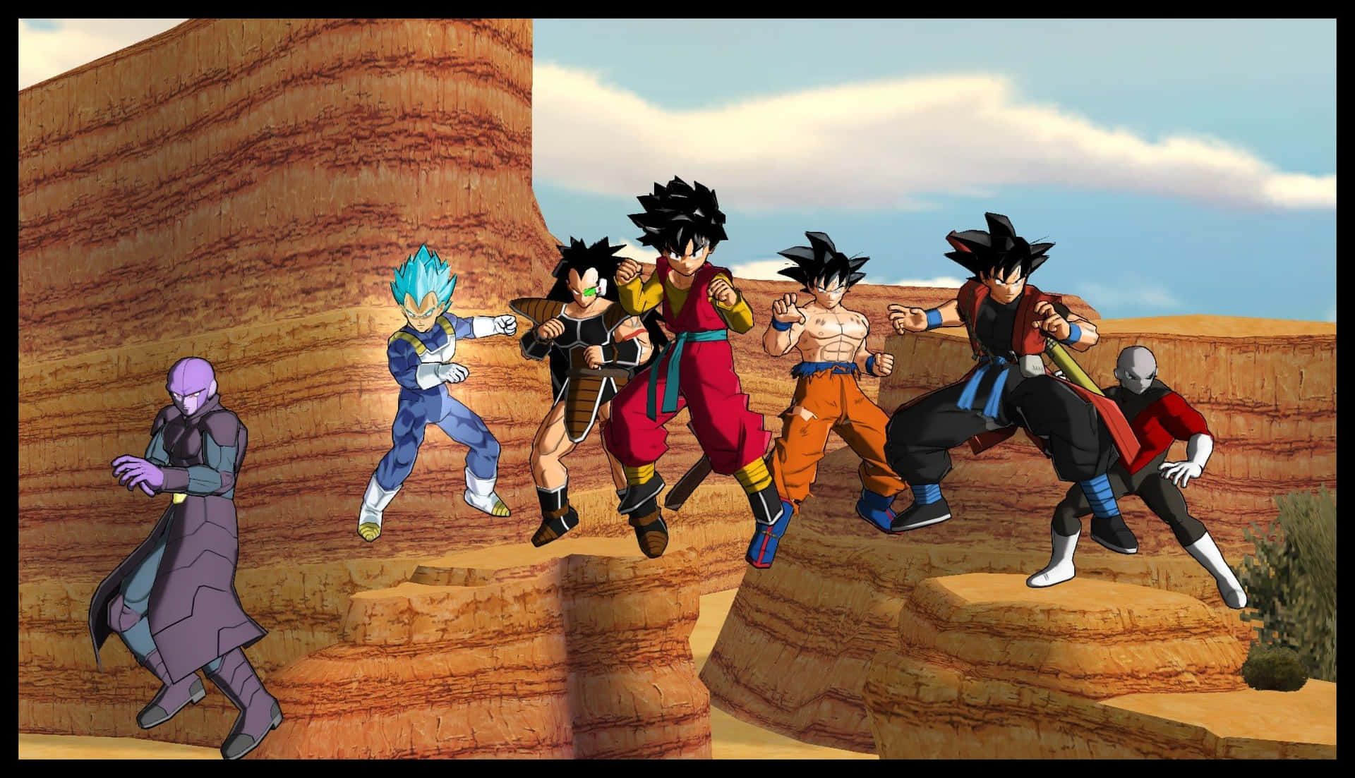 Dragon Ball Super Games 桌布 壁紙 — 動漫戰士在岩石沙漠峽谷中，多雲的天空下擺出動態戰鬥姿態。