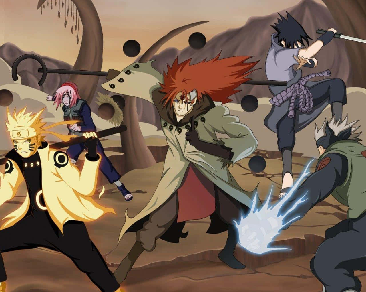 Ninja World 桌布 壁紙 — 動漫戰士在岩石沙漠戰場上以發光的查克拉攻擊和動態姿勢碰撞。
